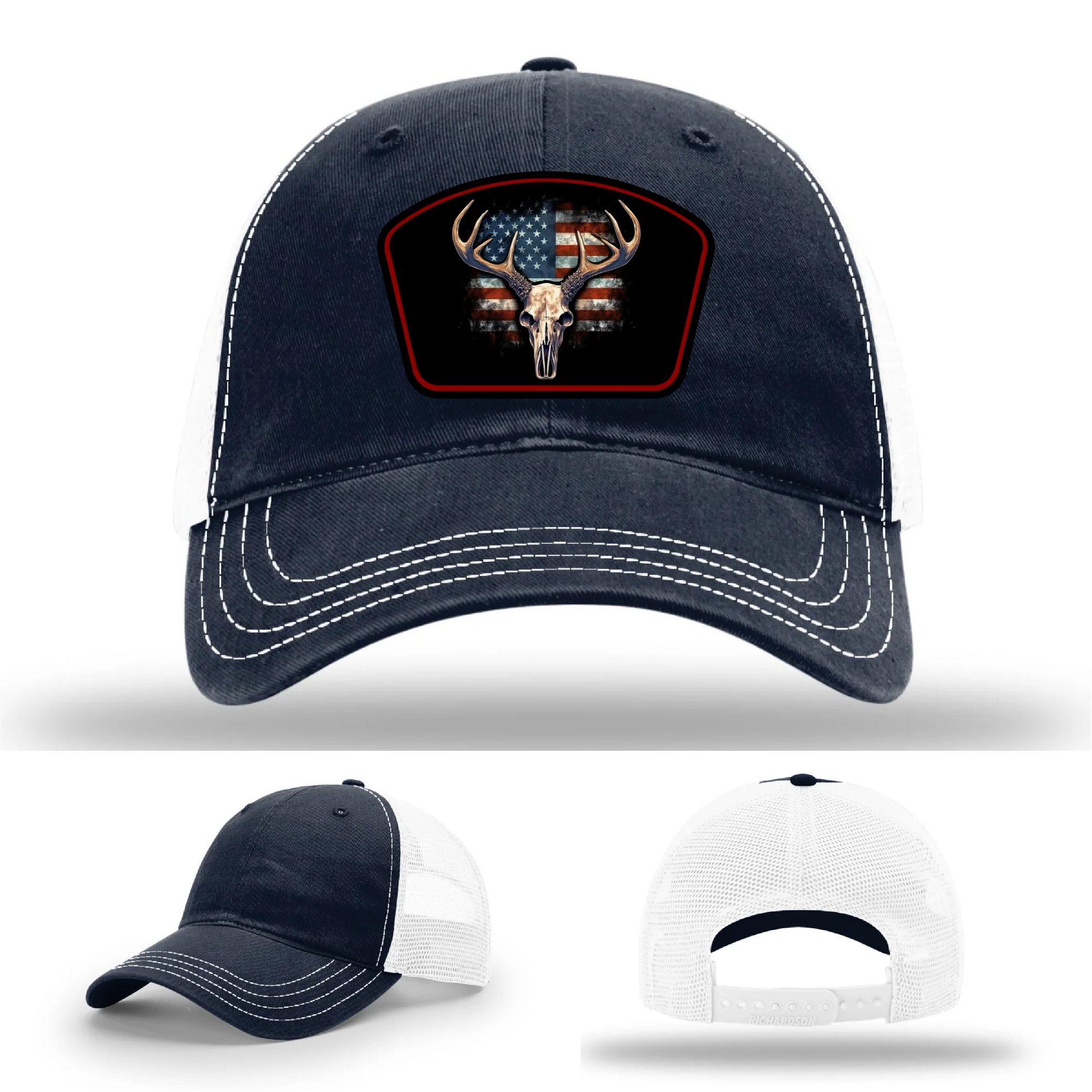 Patriotic Buck Leather Patch Hat Deer Skull and Flag