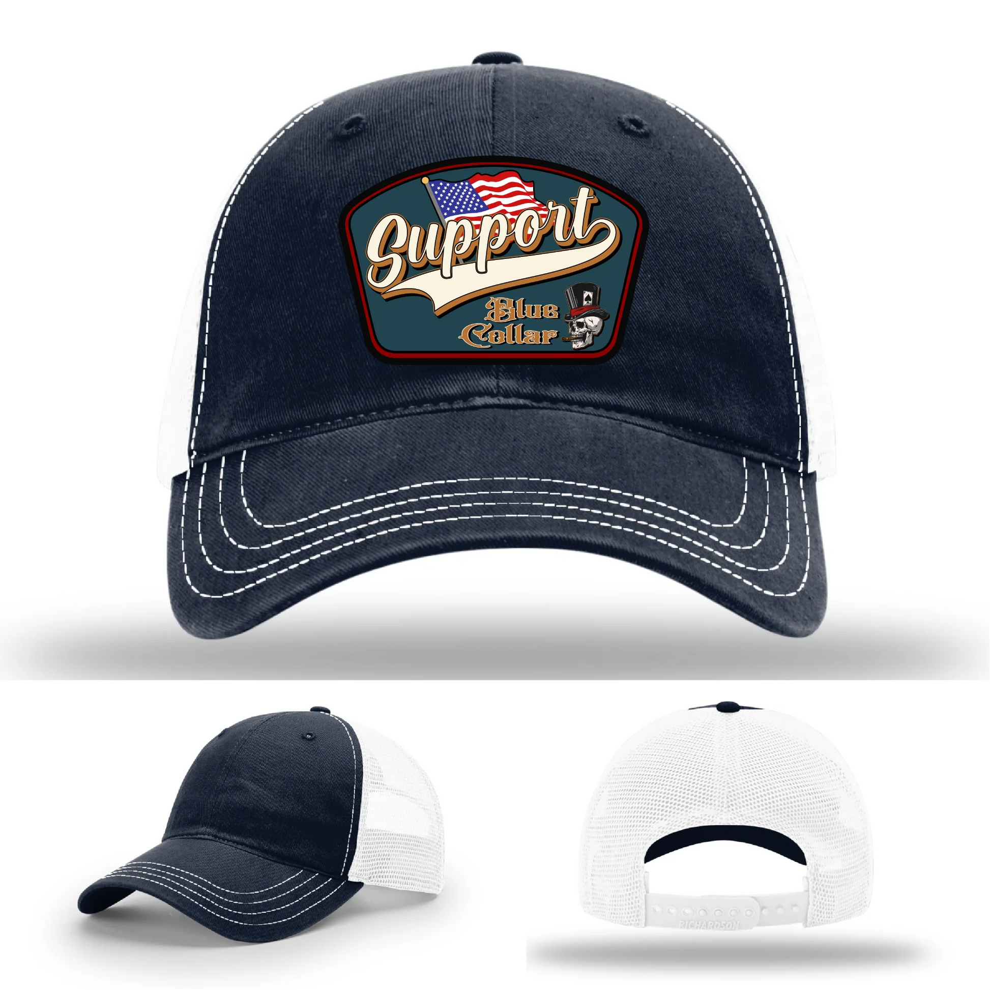 Support Blue Collar Leather Patch Hat American Flag Design