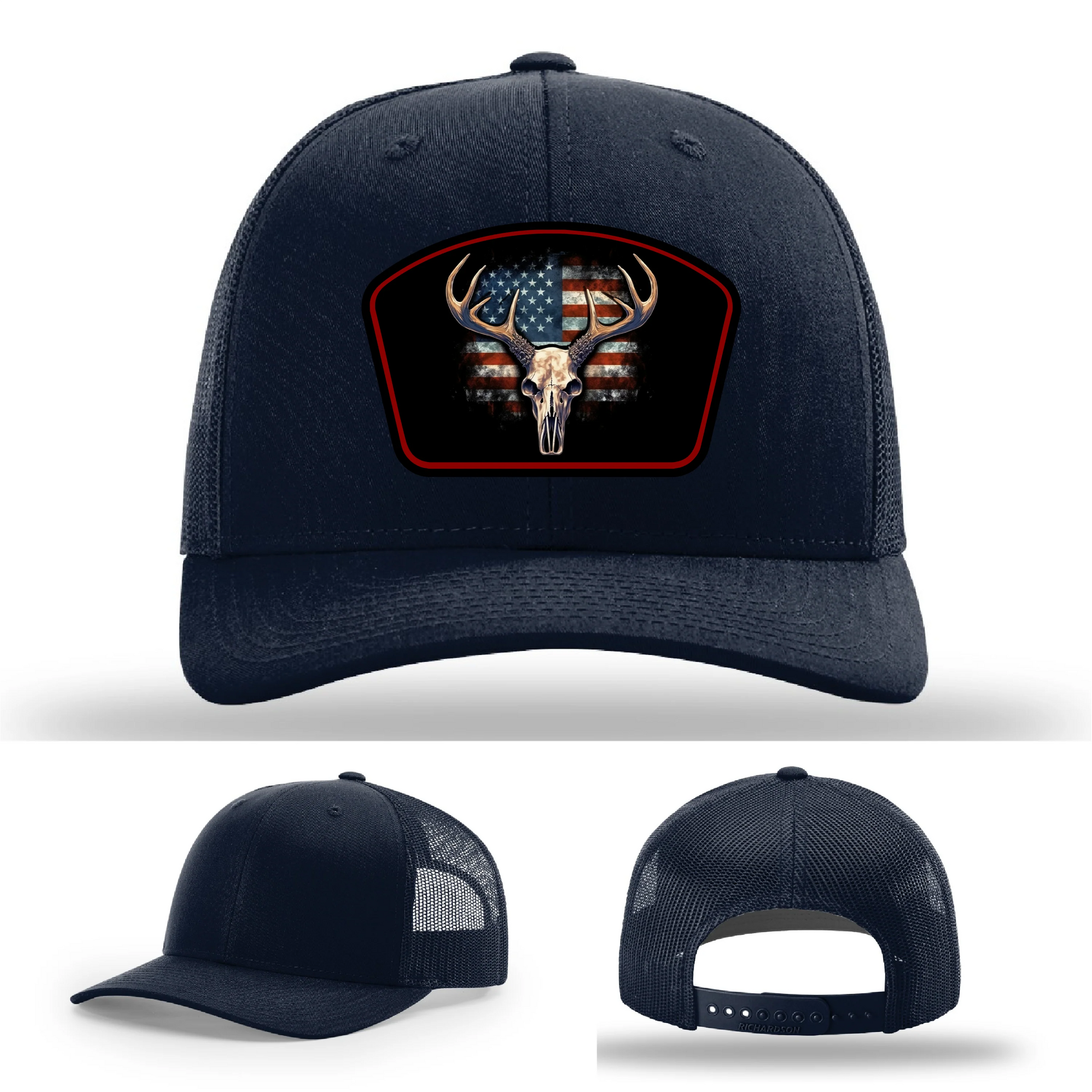 Patriotic Buck Leather Patch Hat Deer Skull and Flag