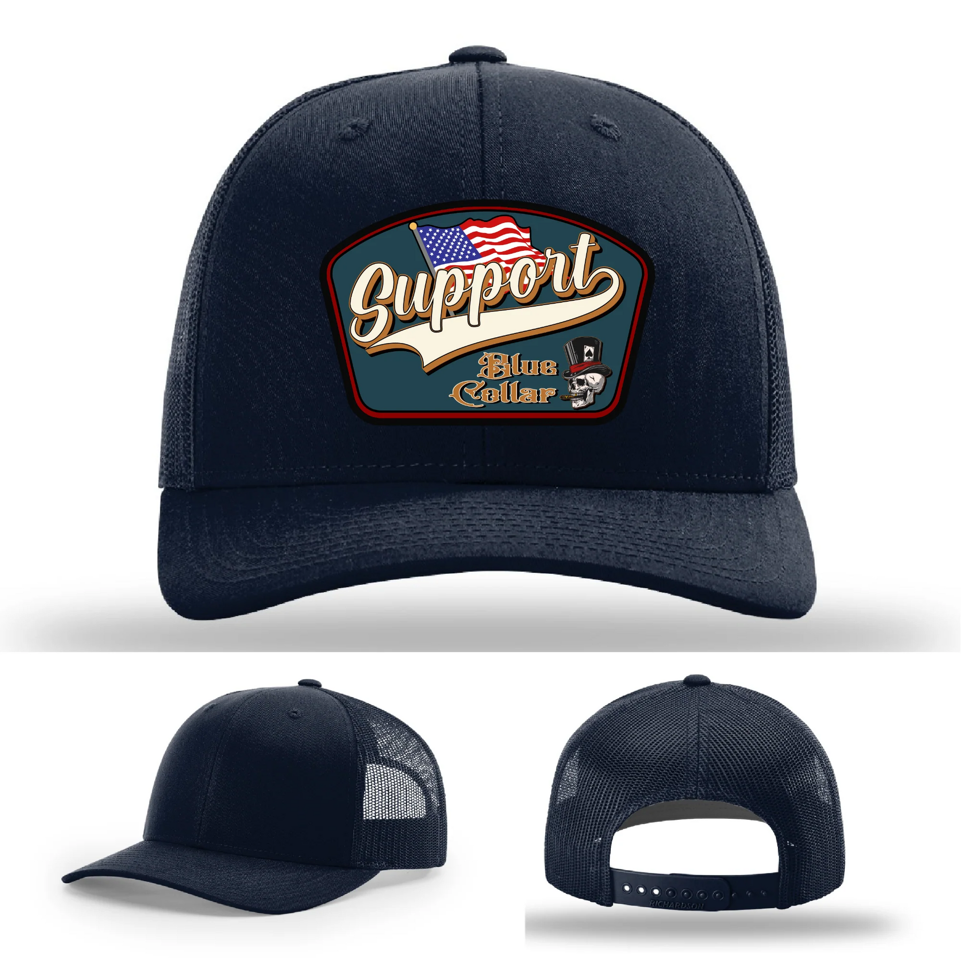 Support Blue Collar Leather Patch Hat American Flag Design