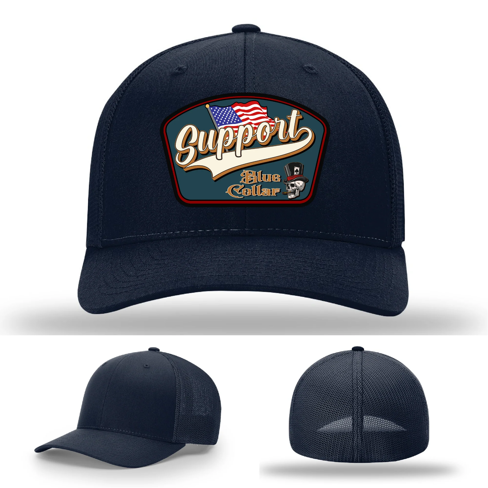 Support Blue Collar Leather Patch Hat American Flag Design