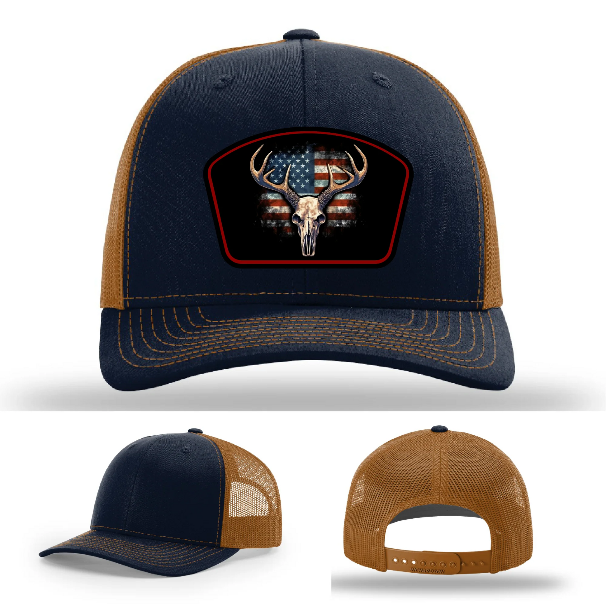 Patriotic Buck Leather Patch Hat Deer Skull and Flag