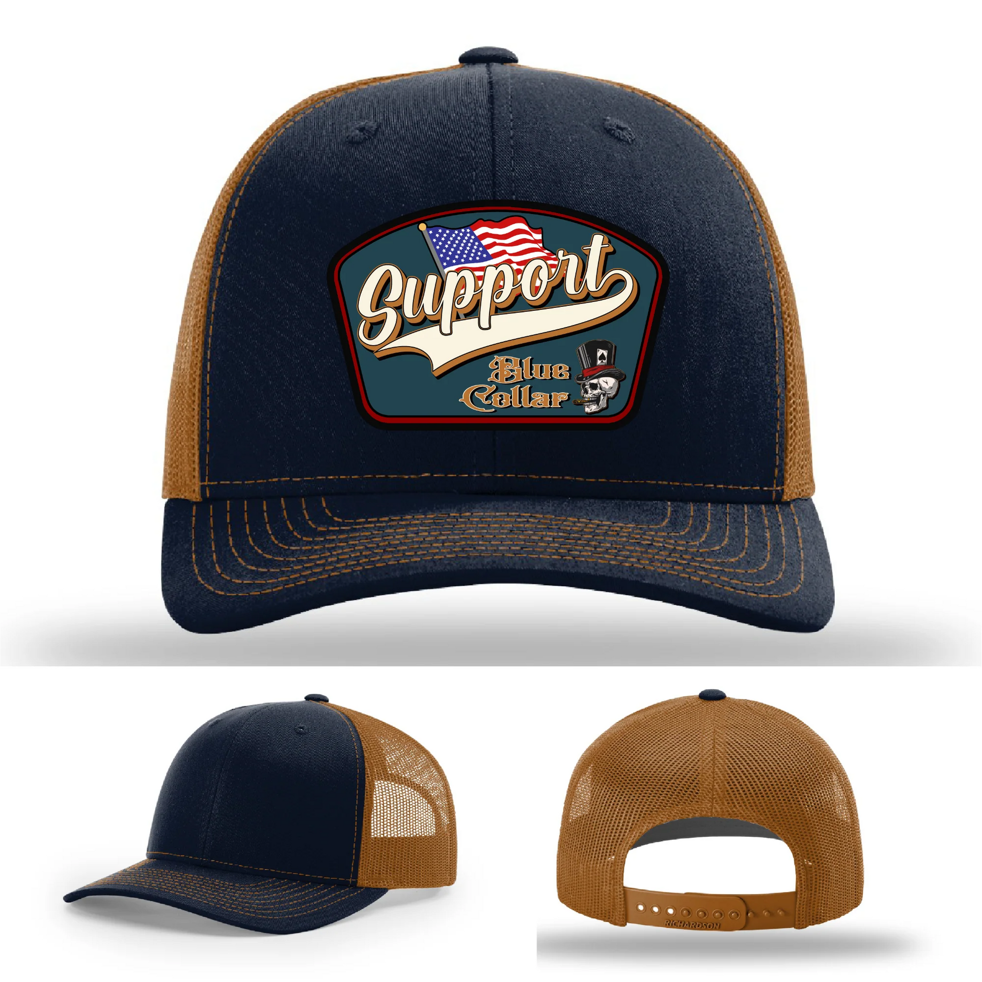 Support Blue Collar Leather Patch Hat American Flag Design