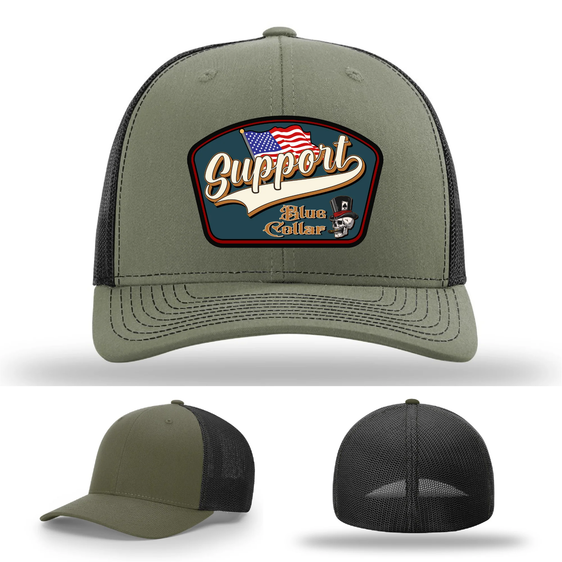 Support Blue Collar Leather Patch Hat American Flag Design