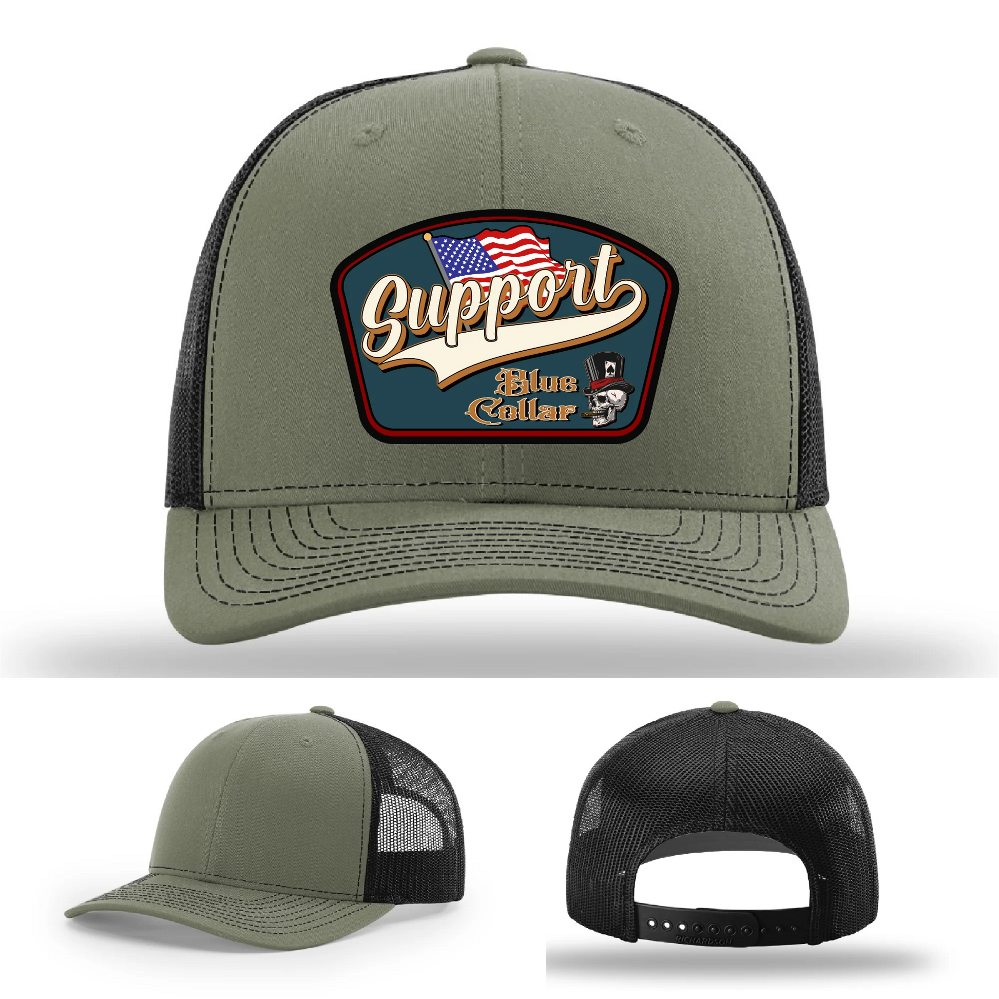 Support Blue Collar Leather Patch Hat American Flag Design