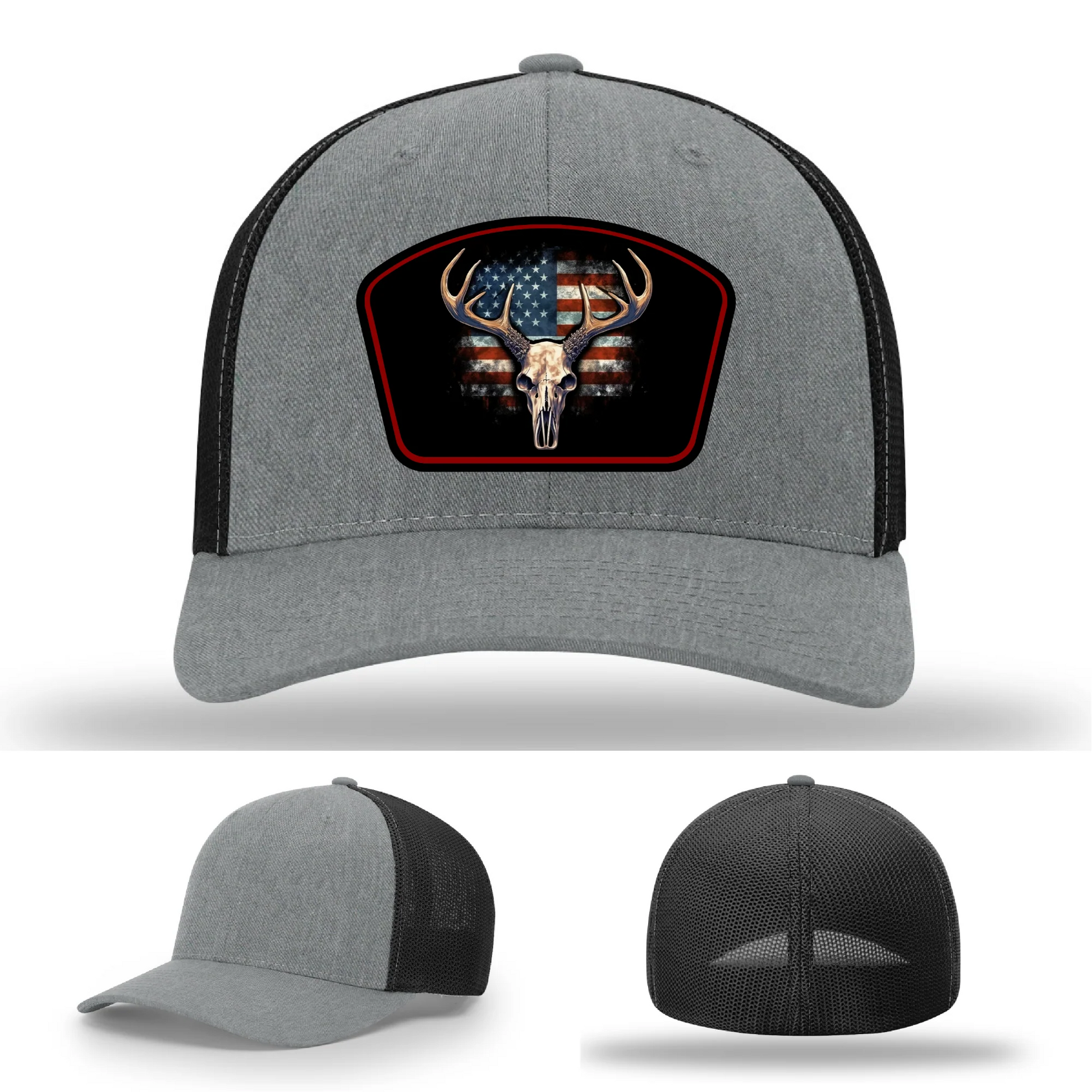 Patriotic Buck Leather Patch Hat Deer Skull and Flag