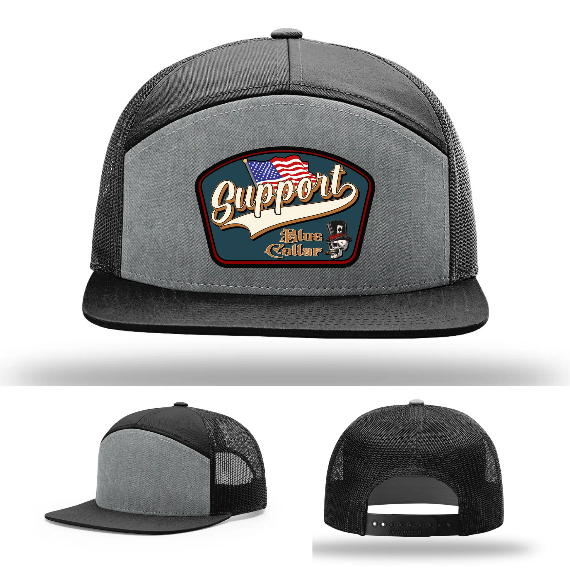 Support Blue Collar Leather Patch Hat American Flag Design