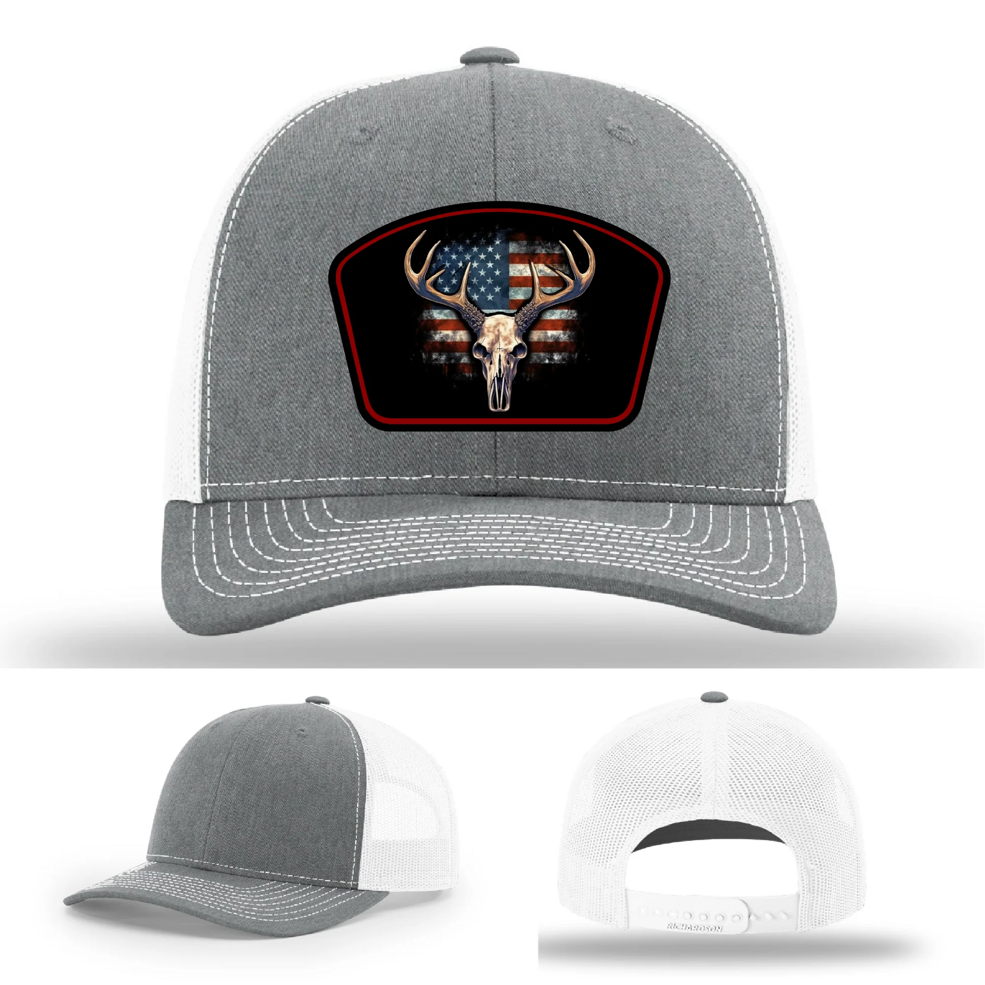Patriotic Buck Leather Patch Hat Deer Skull and Flag