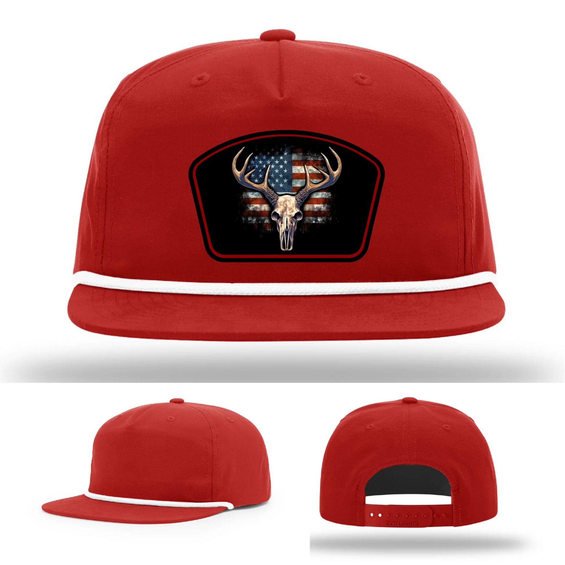 Patriotic Buck Leather Patch Hat Deer Skull and Flag