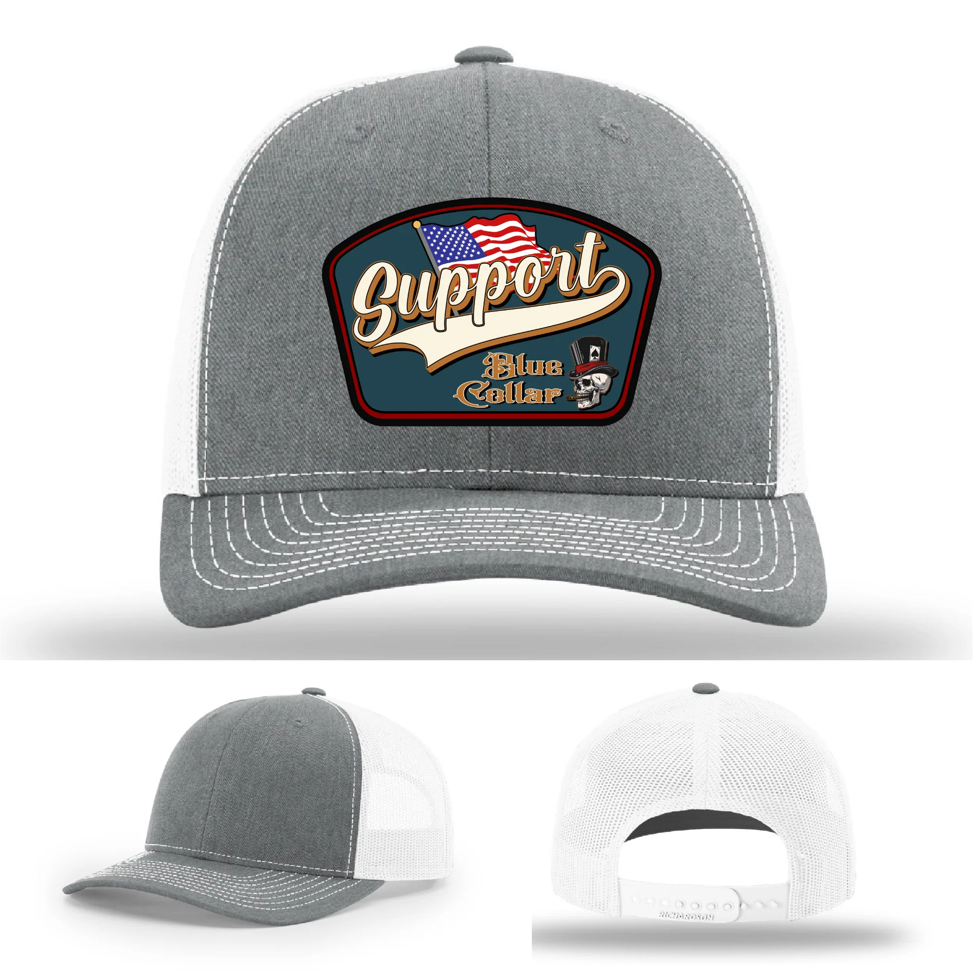 Support Blue Collar Leather Patch Hat American Flag Design