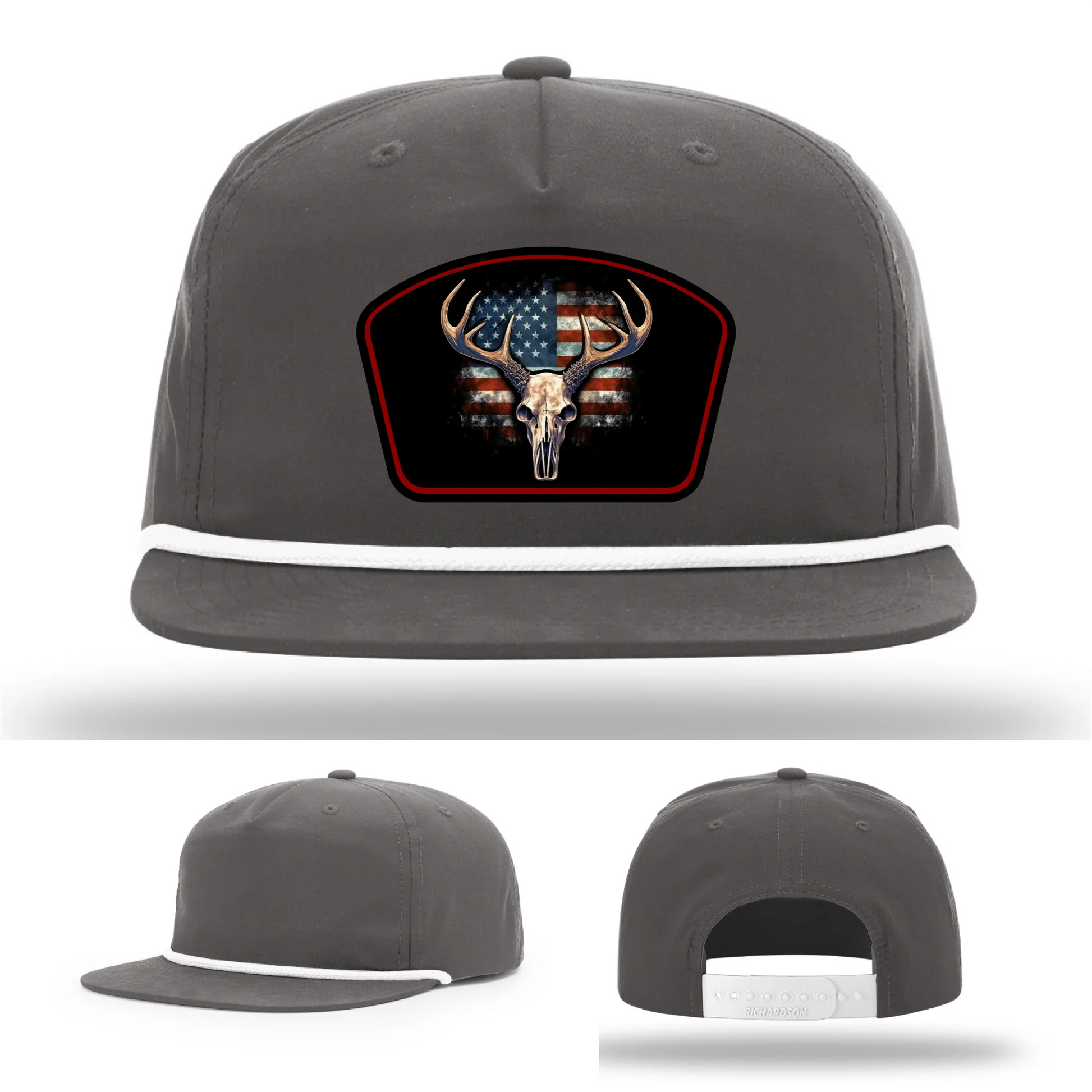 Patriotic Buck Leather Patch Hat Deer Skull and Flag