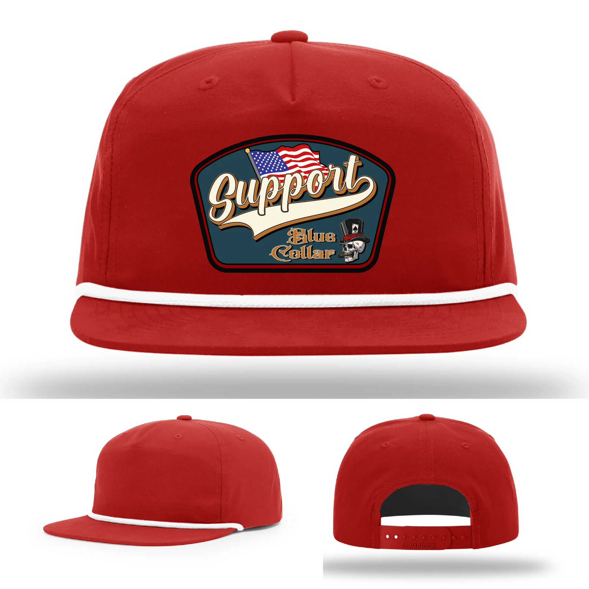 Support Blue Collar Leather Patch Hat American Flag Design