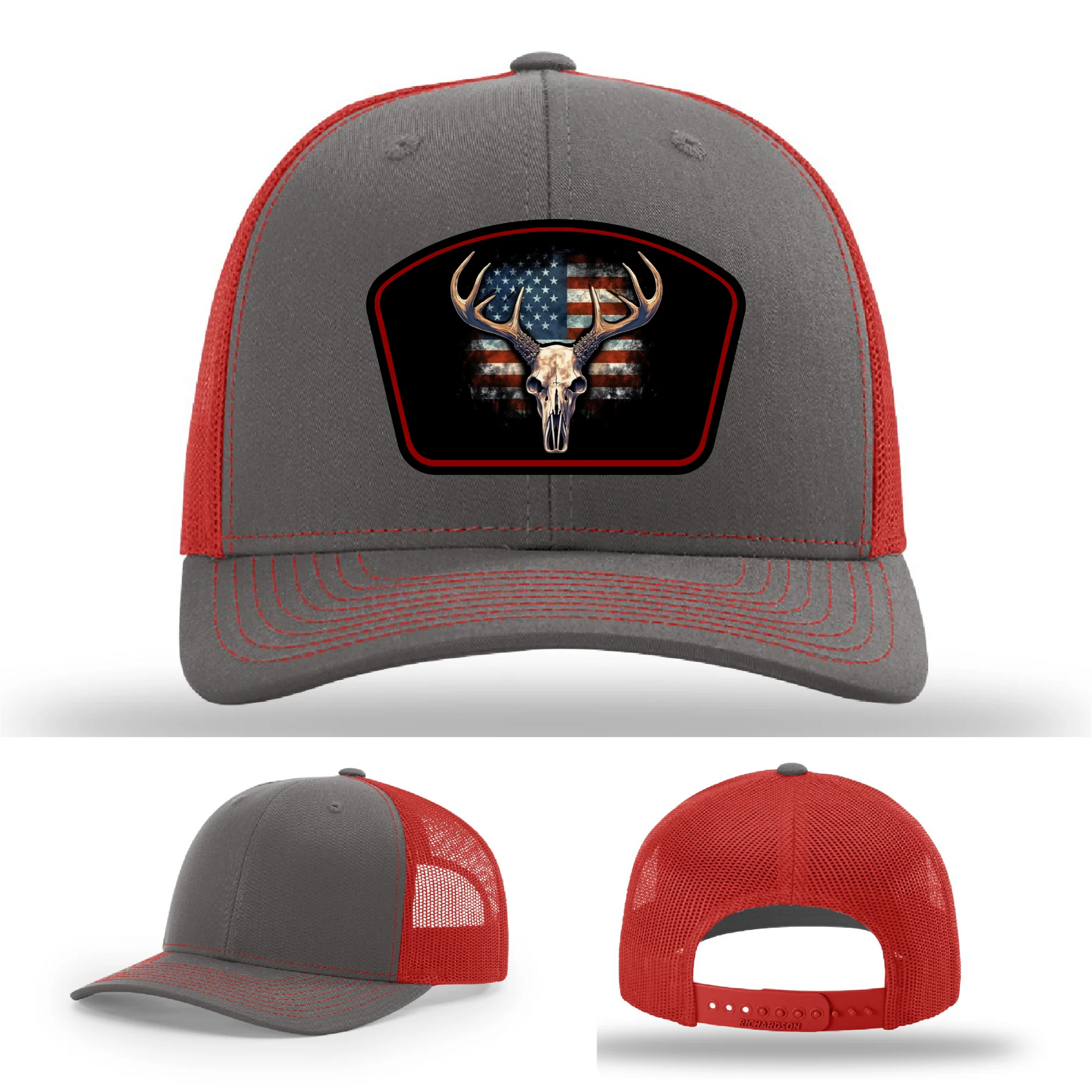 Patriotic Buck Leather Patch Hat Deer Skull and Flag