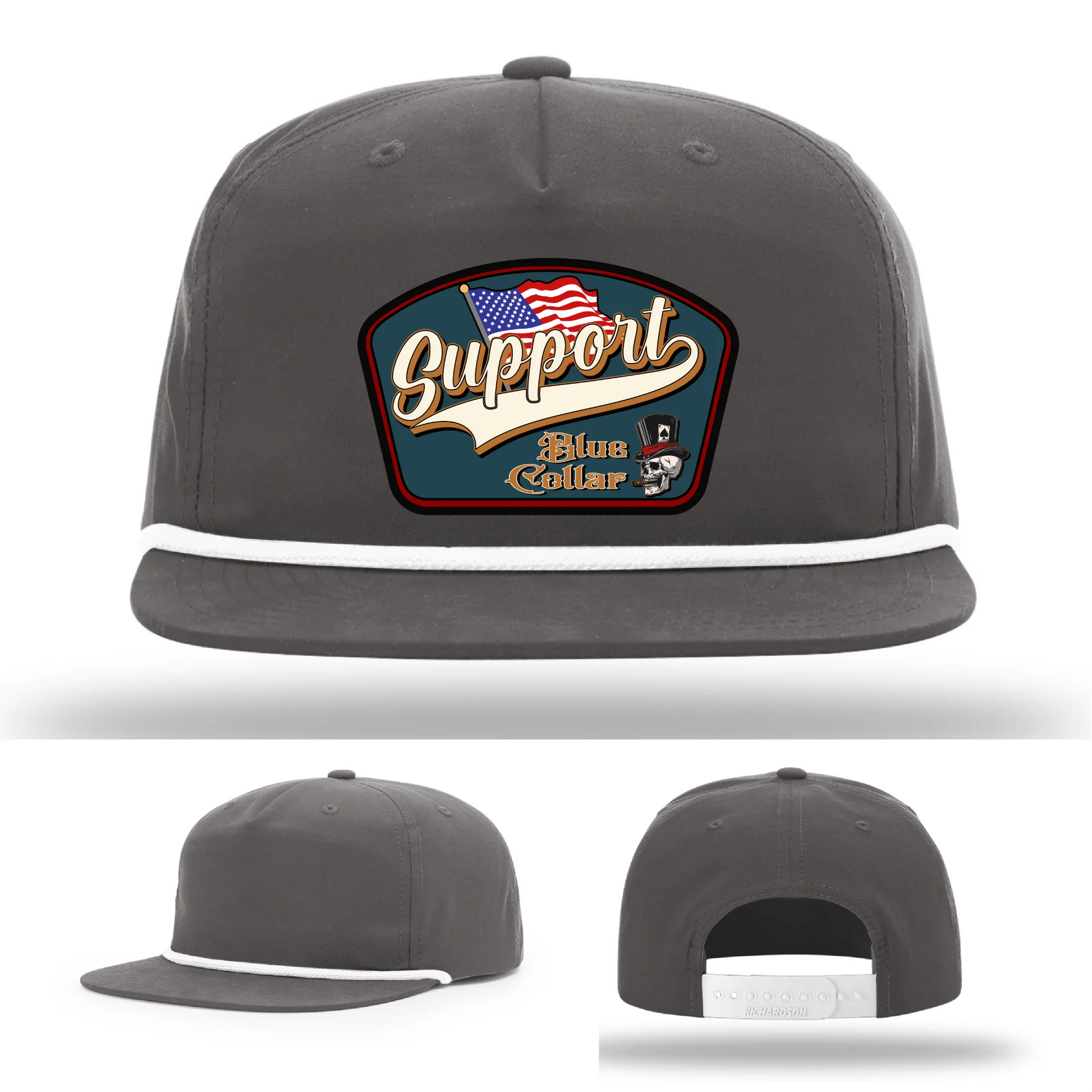 Support Blue Collar Leather Patch Hat American Flag Design