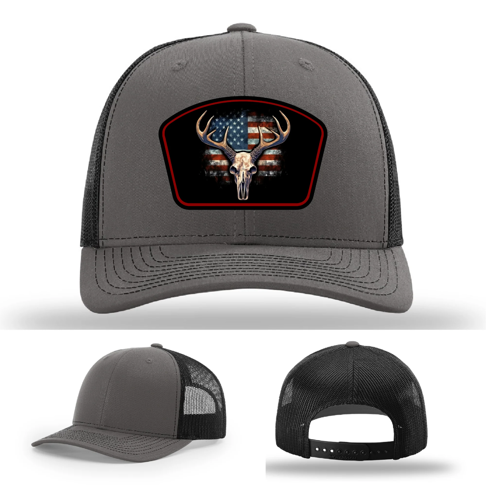 Patriotic Buck Leather Patch Hat Deer Skull and Flag