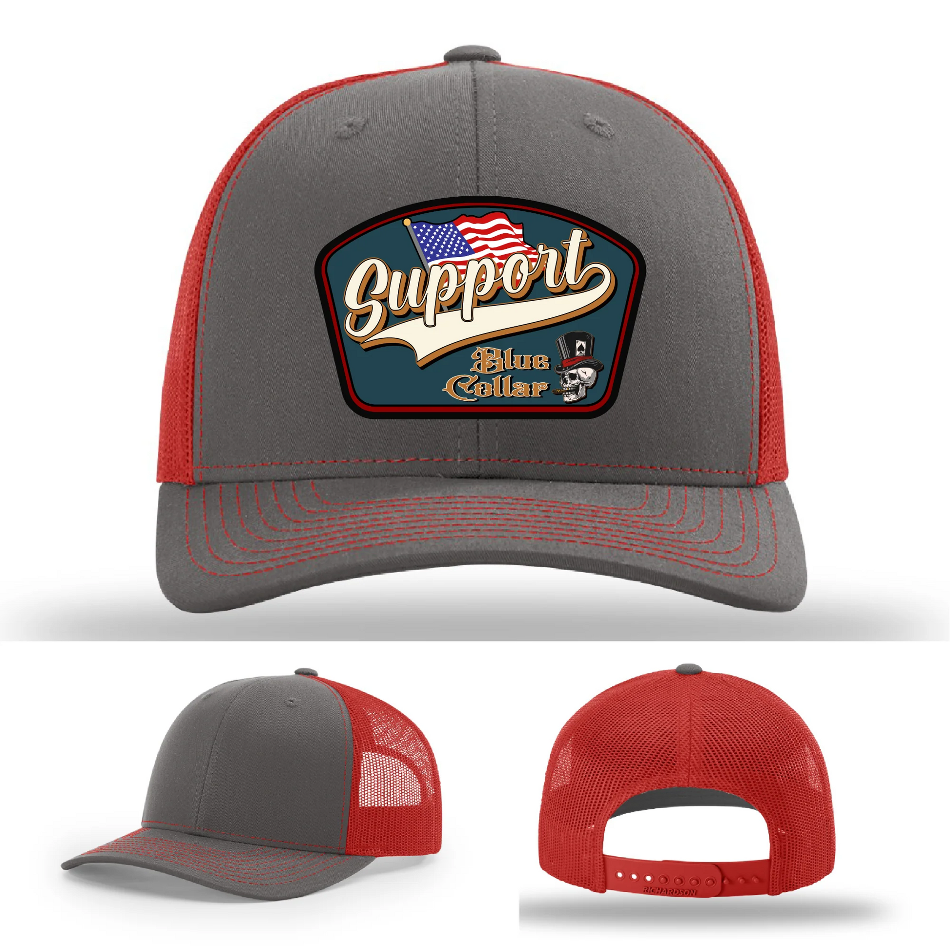 Support Blue Collar Leather Patch Hat American Flag Design