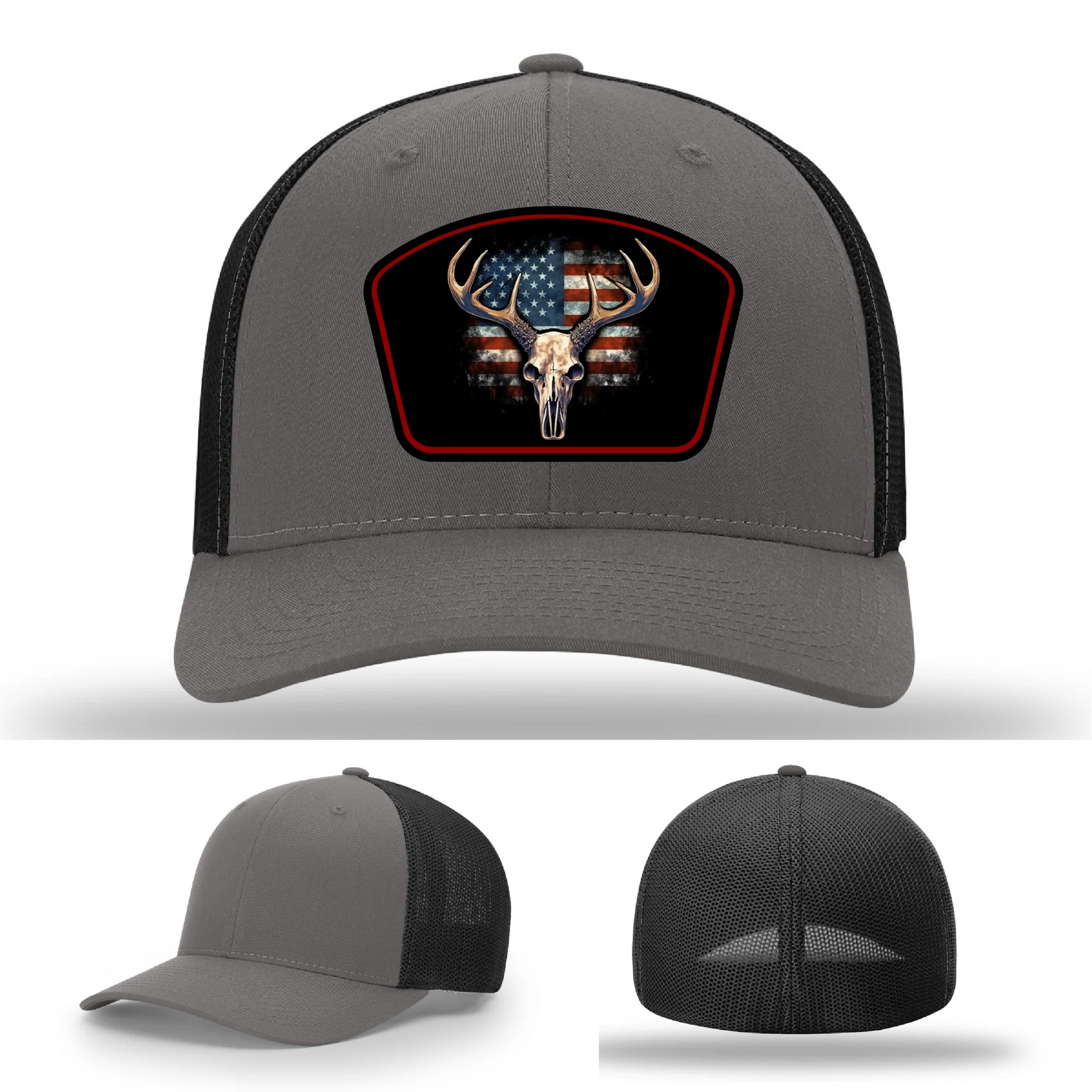 Patriotic Buck Leather Patch Hat Deer Skull and Flag
