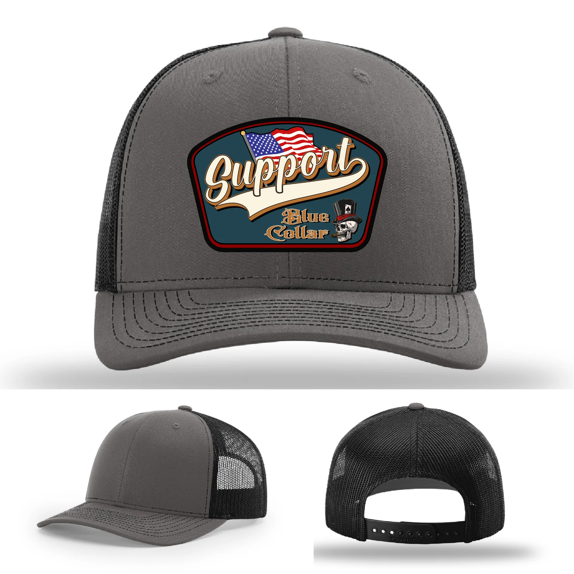 Support Blue Collar Leather Patch Hat American Flag Design