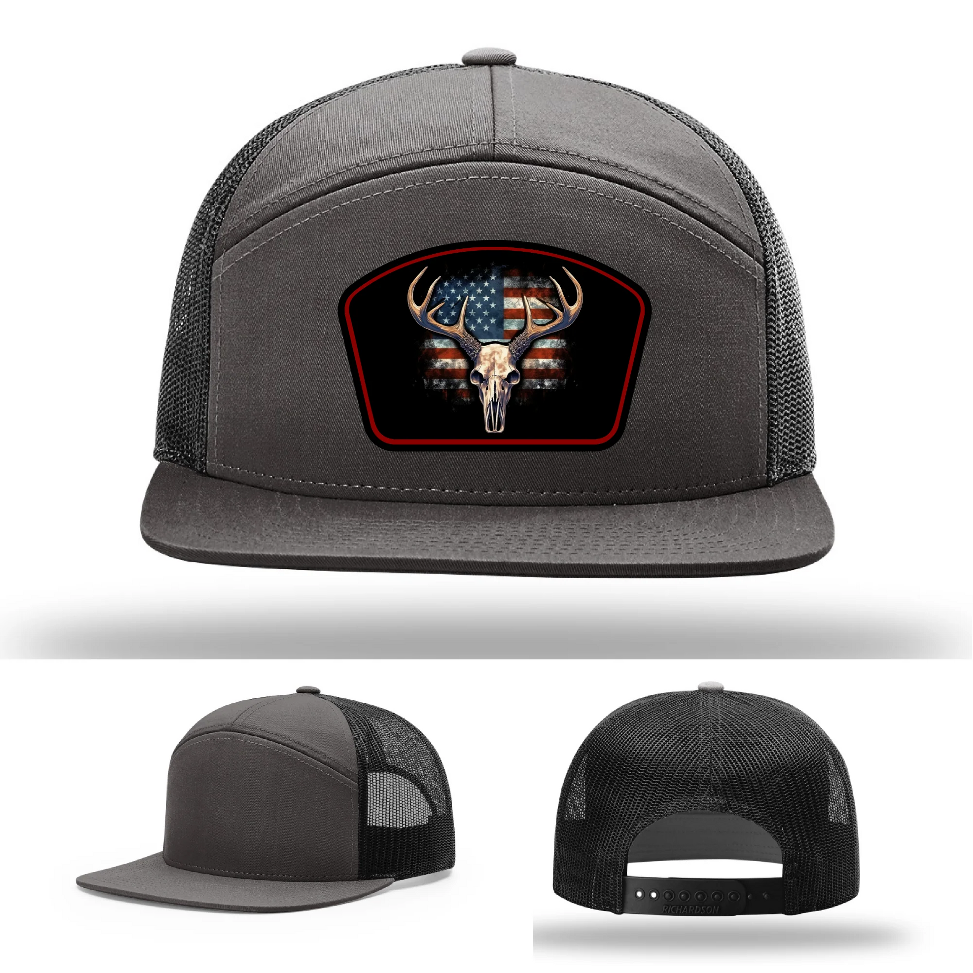 Patriotic Buck Leather Patch Hat Deer Skull and Flag