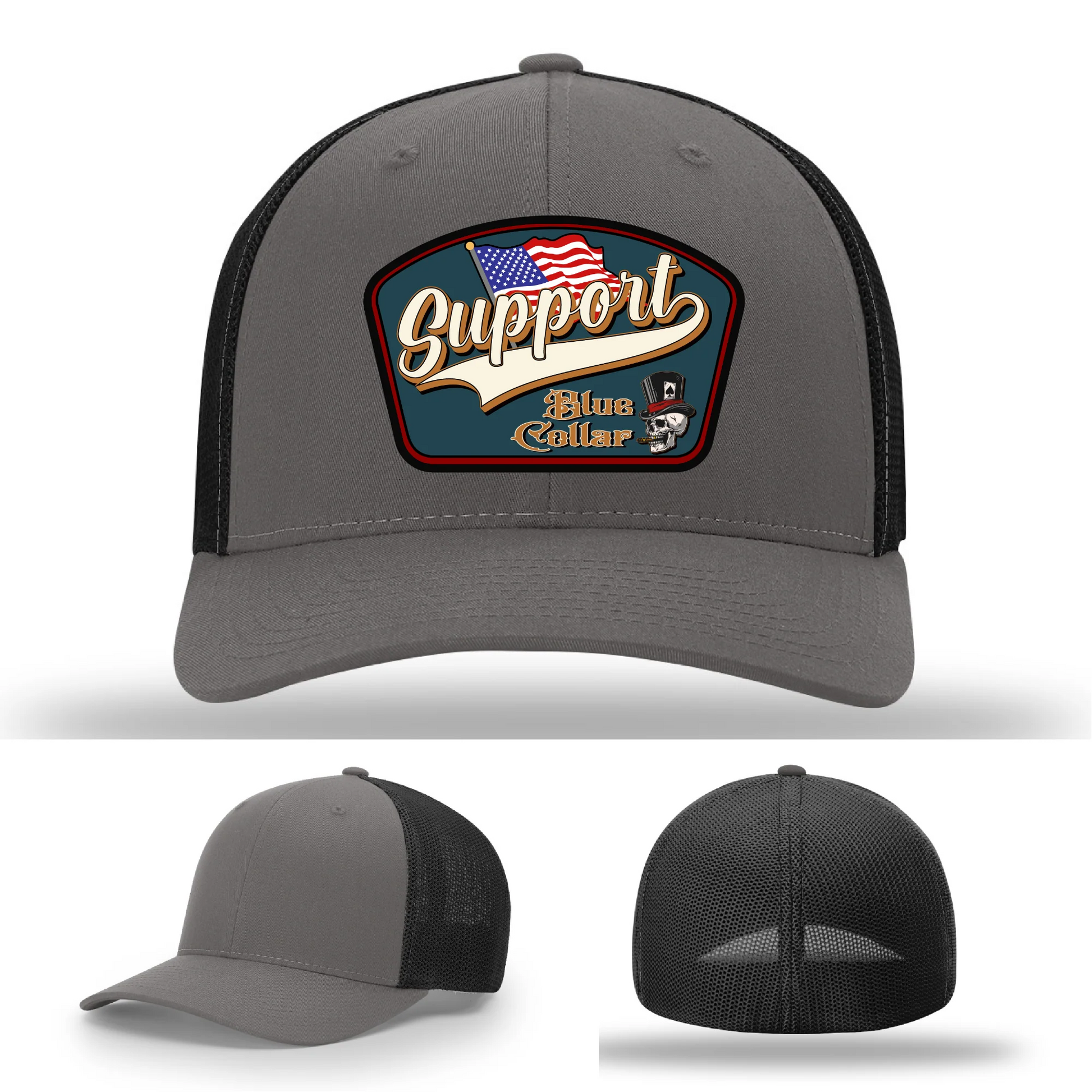 Support Blue Collar Leather Patch Hat American Flag Design