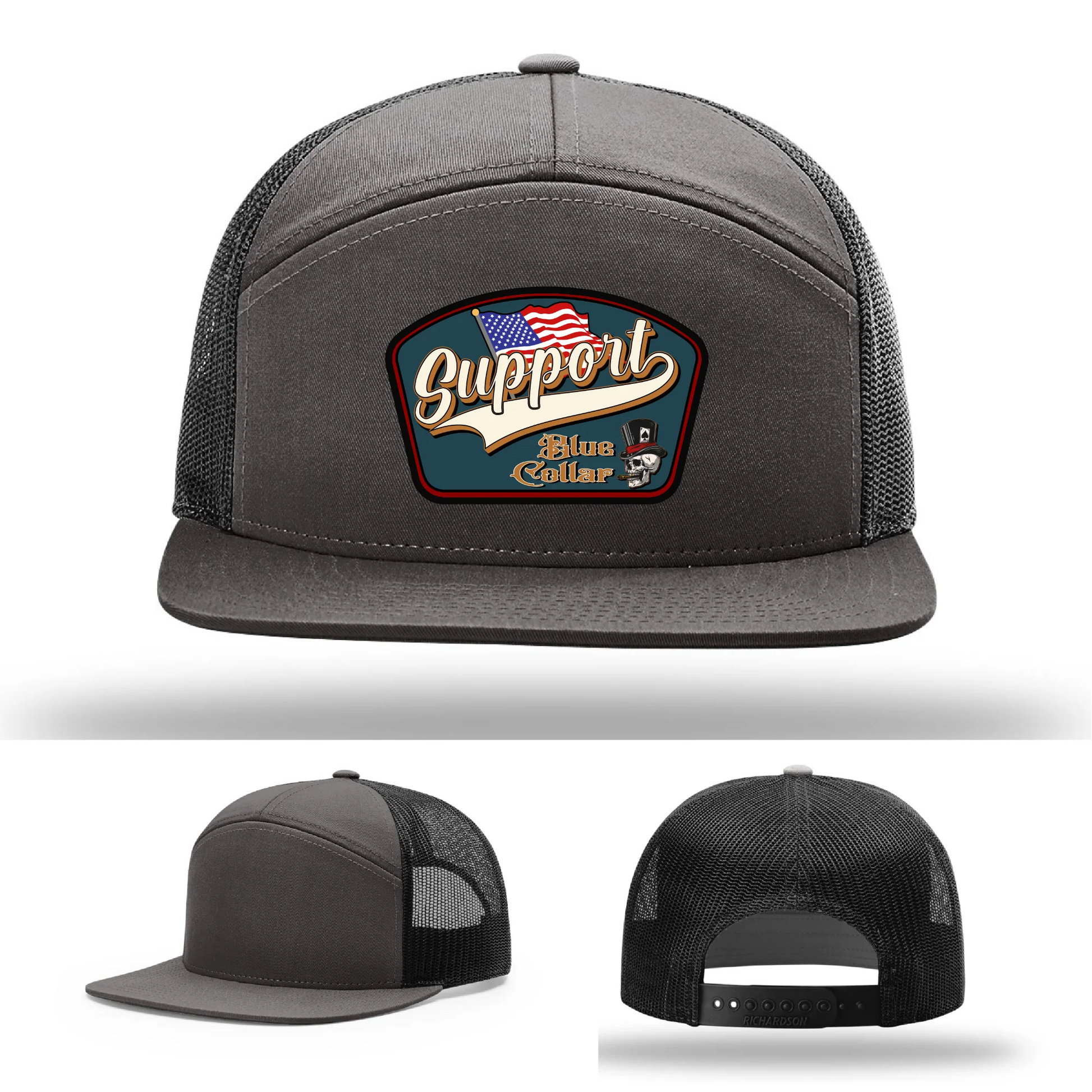 Support Blue Collar Leather Patch Hat American Flag Design