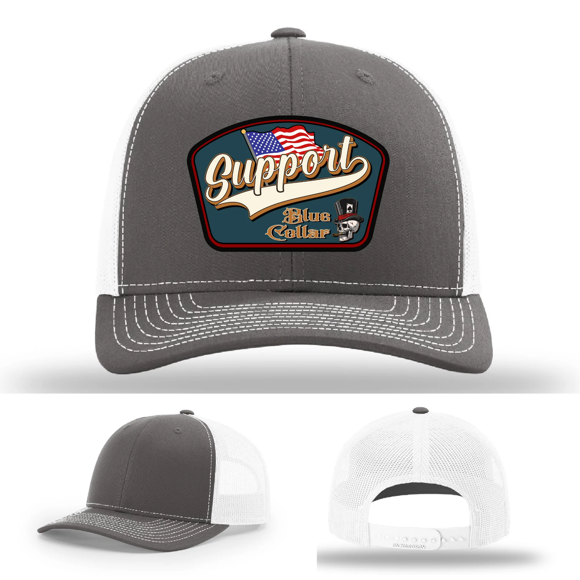 Support Blue Collar Leather Patch Hat American Flag Design