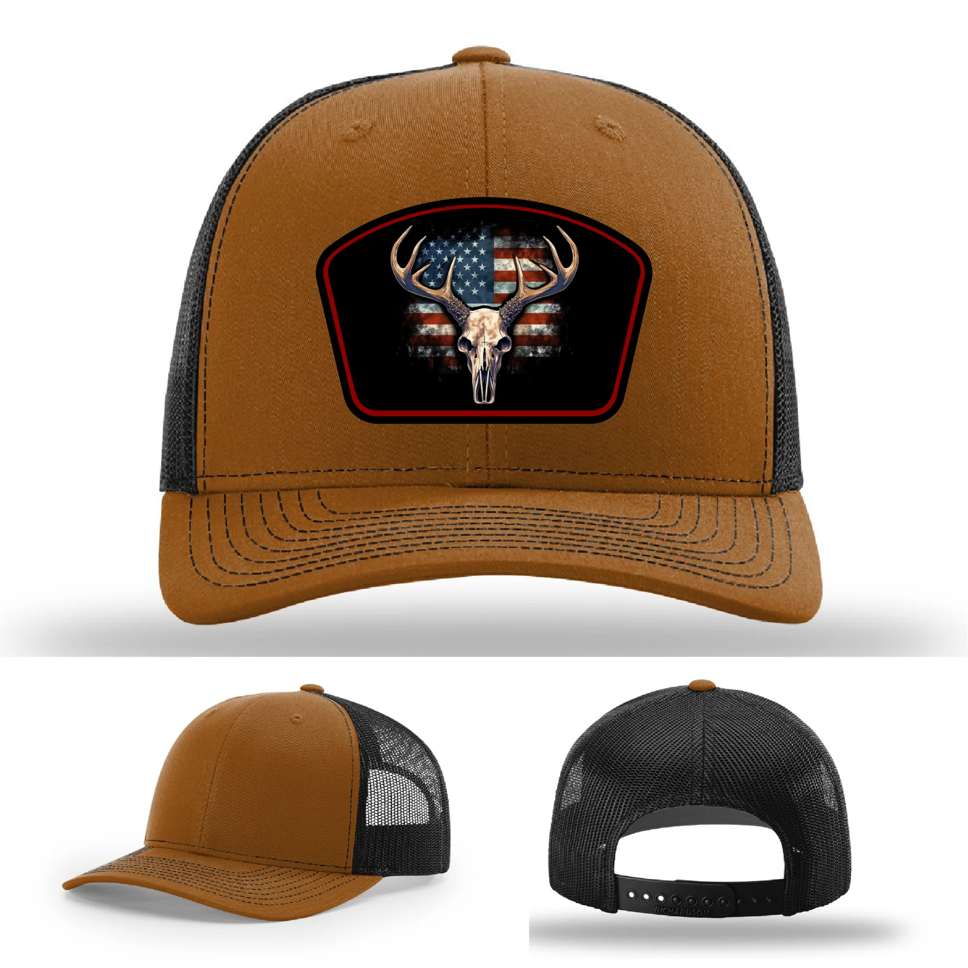 Patriotic Buck Leather Patch Hat Deer Skull and Flag