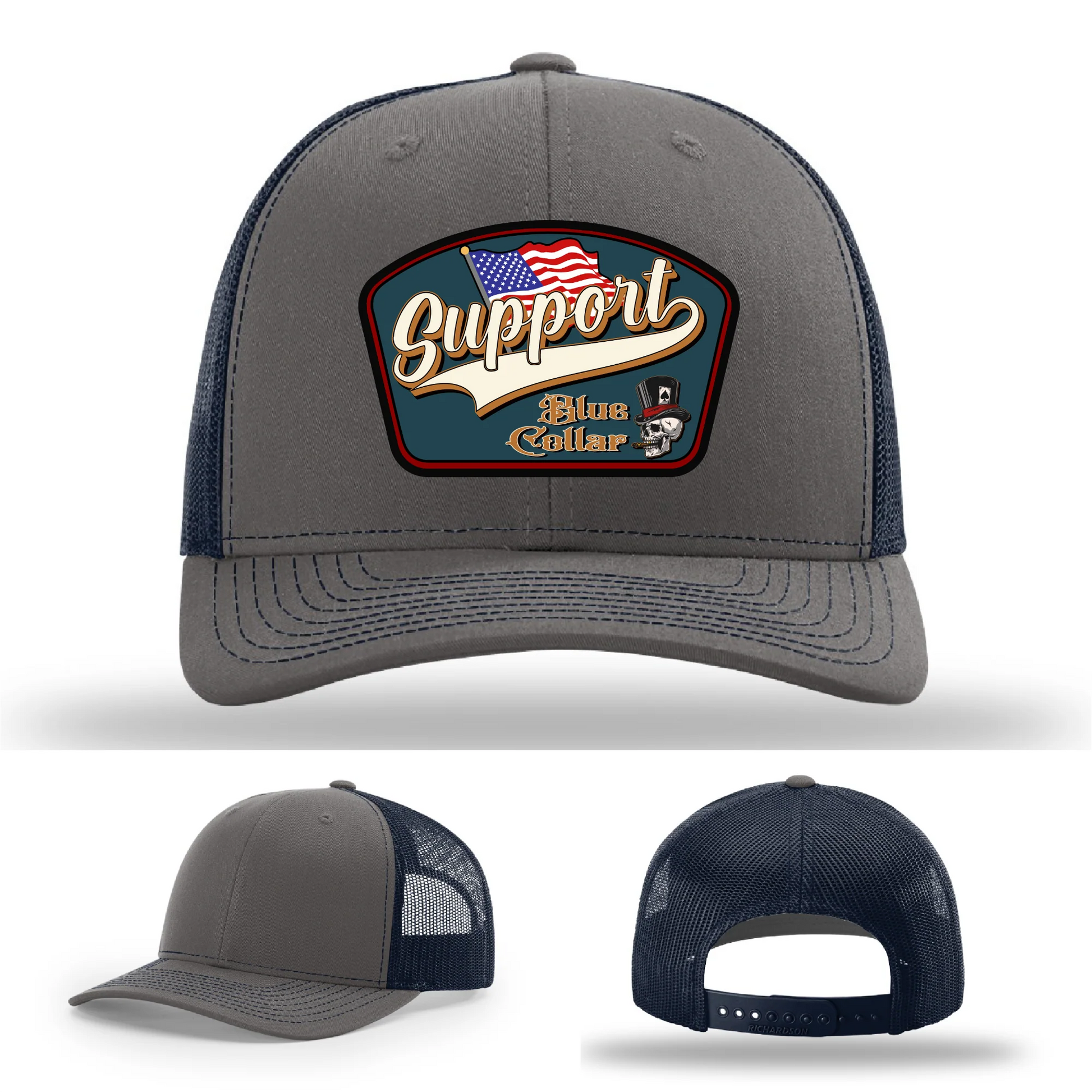 Support Blue Collar Leather Patch Hat American Flag Design
