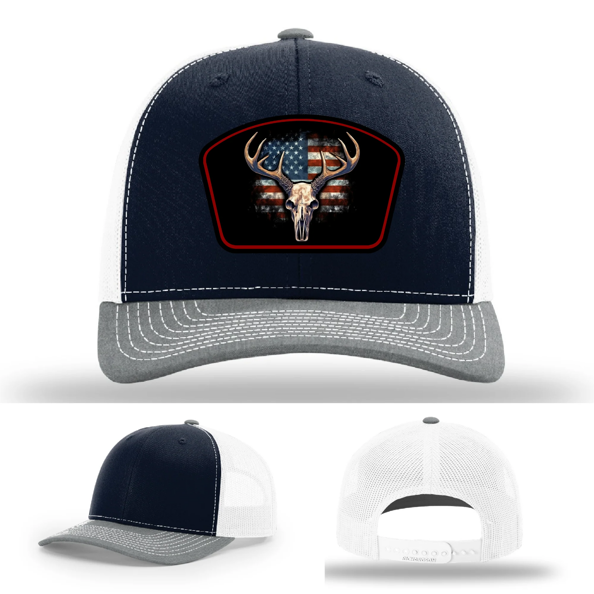 Patriotic Buck Leather Patch Hat Deer Skull and Flag