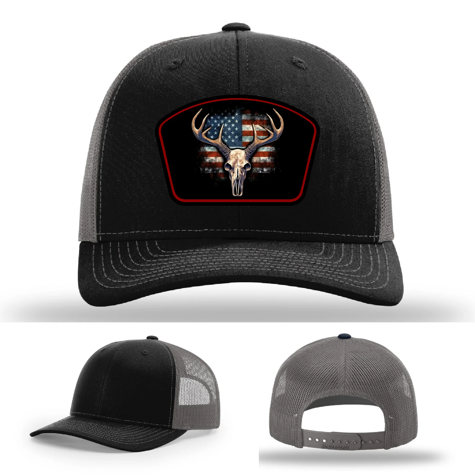 Patriotic Buck Leather Patch Hat Deer Skull and Flag