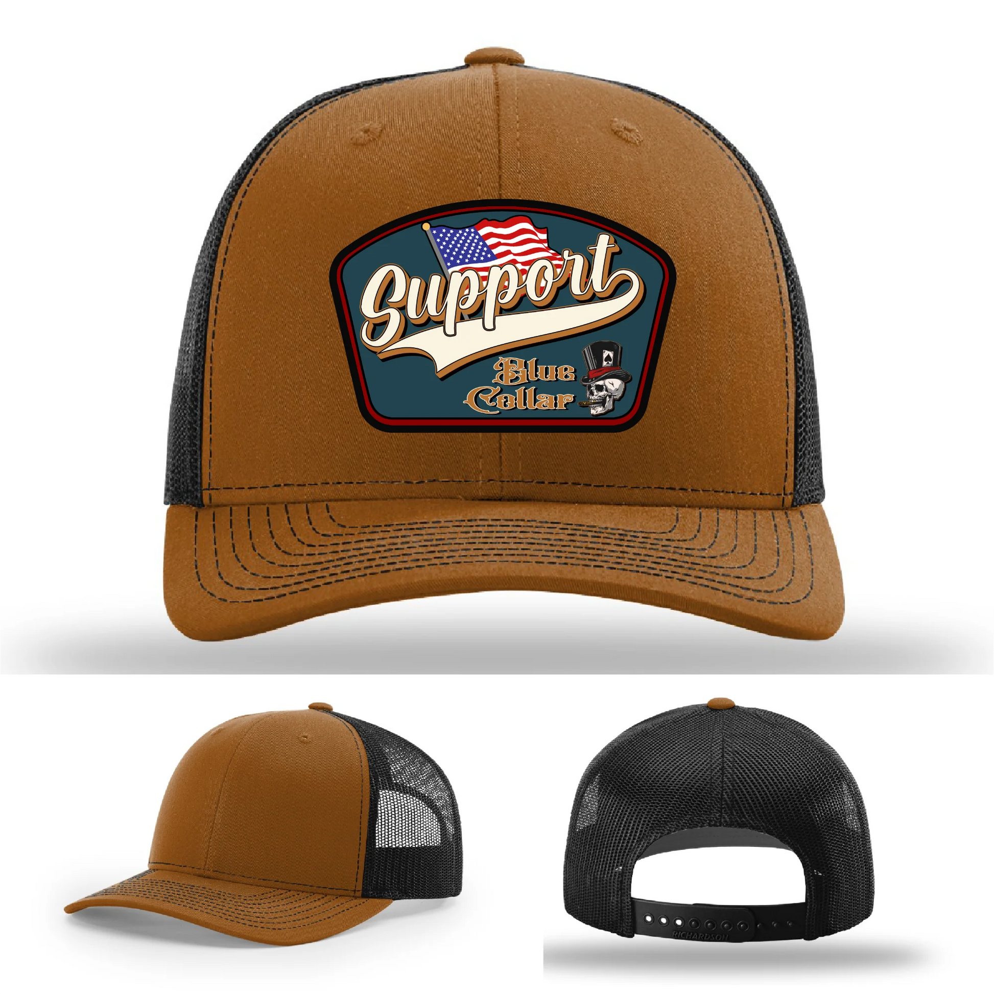 Support Blue Collar Leather Patch Hat American Flag Design