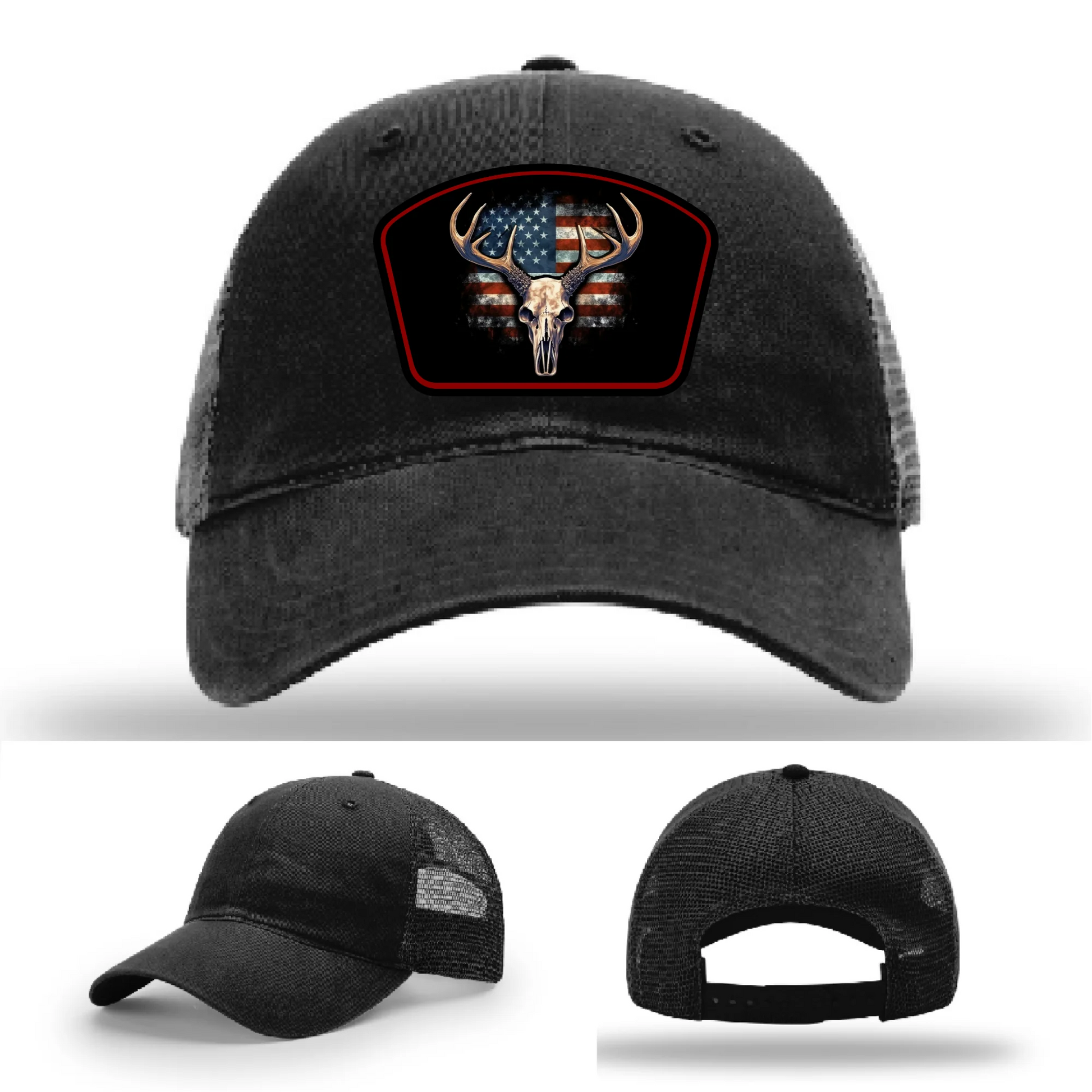 Patriotic Buck Leather Patch Hat Deer Skull and Flag