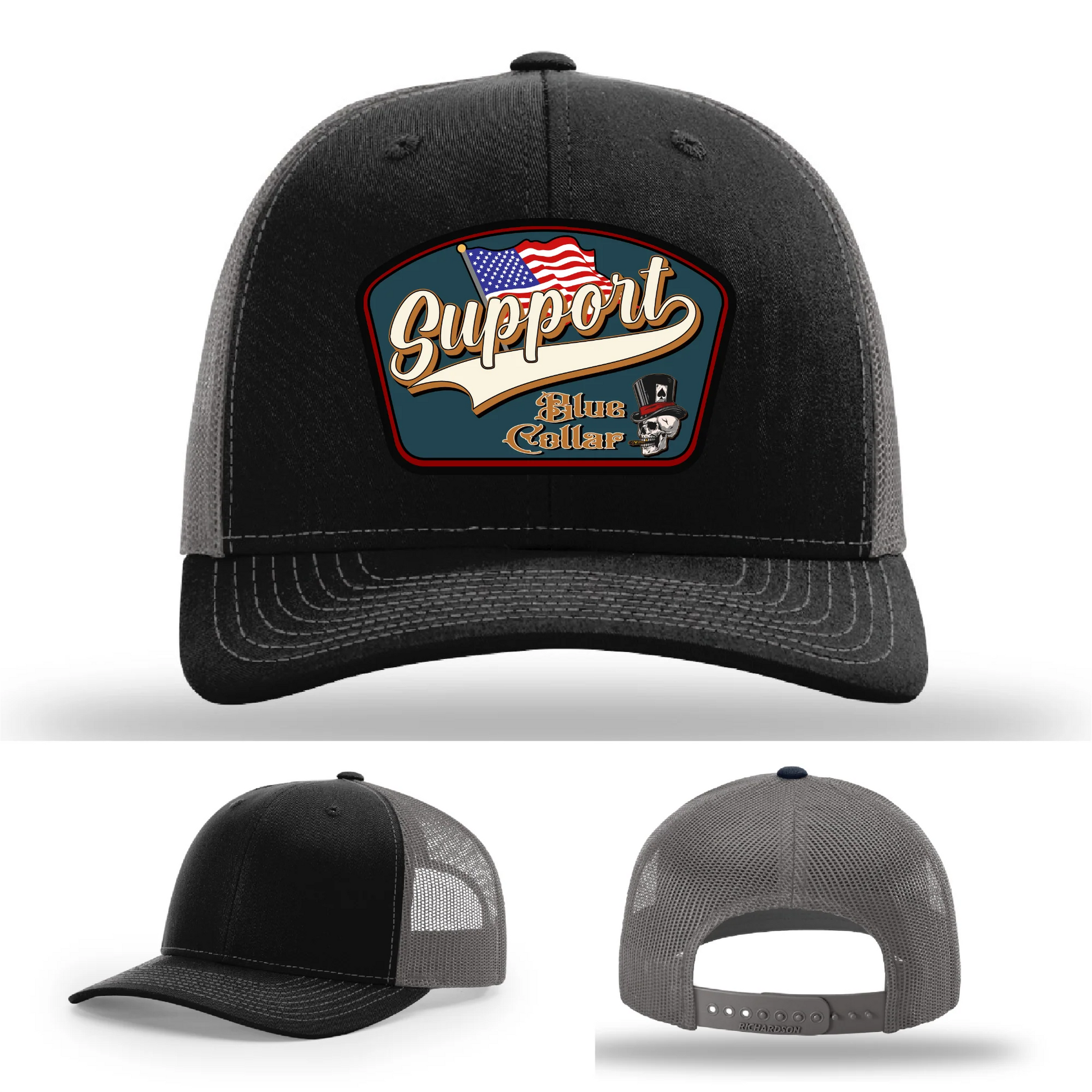 Support Blue Collar Leather Patch Hat American Flag Design