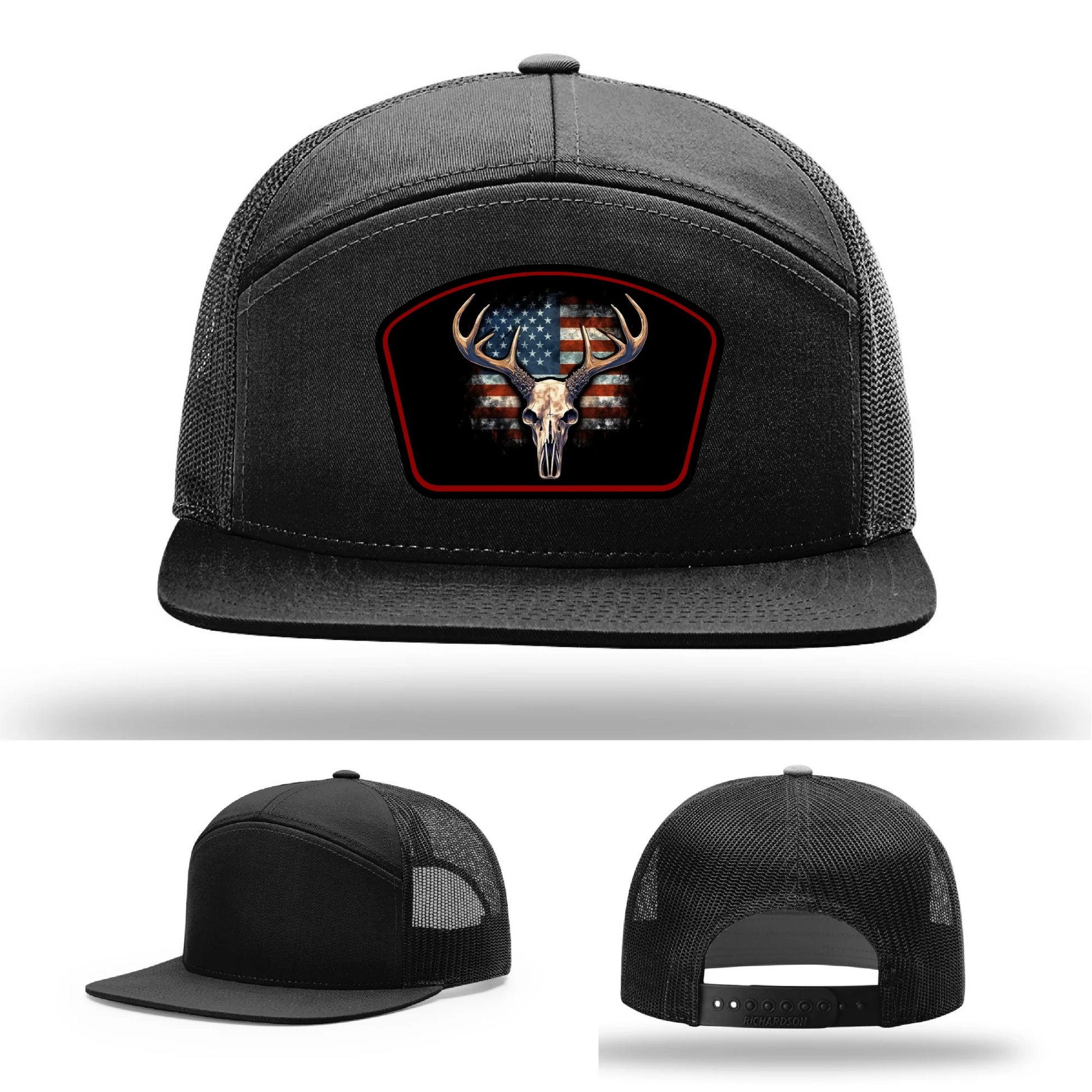 Patriotic Buck Leather Patch Hat Deer Skull and Flag