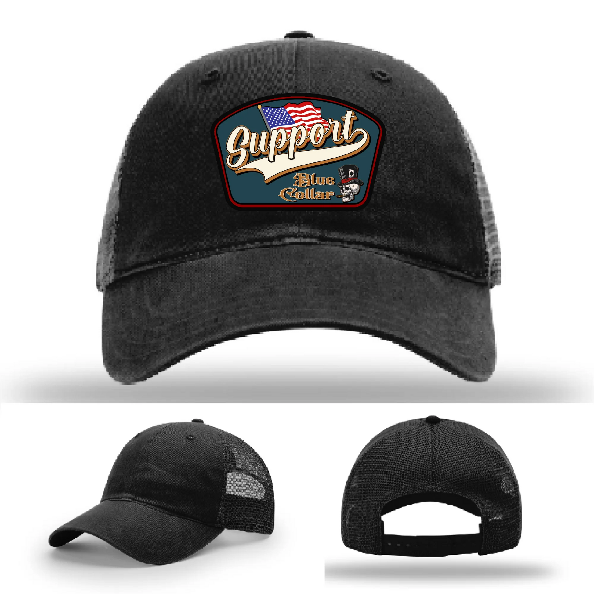 Support Blue Collar Leather Patch Hat American Flag Design