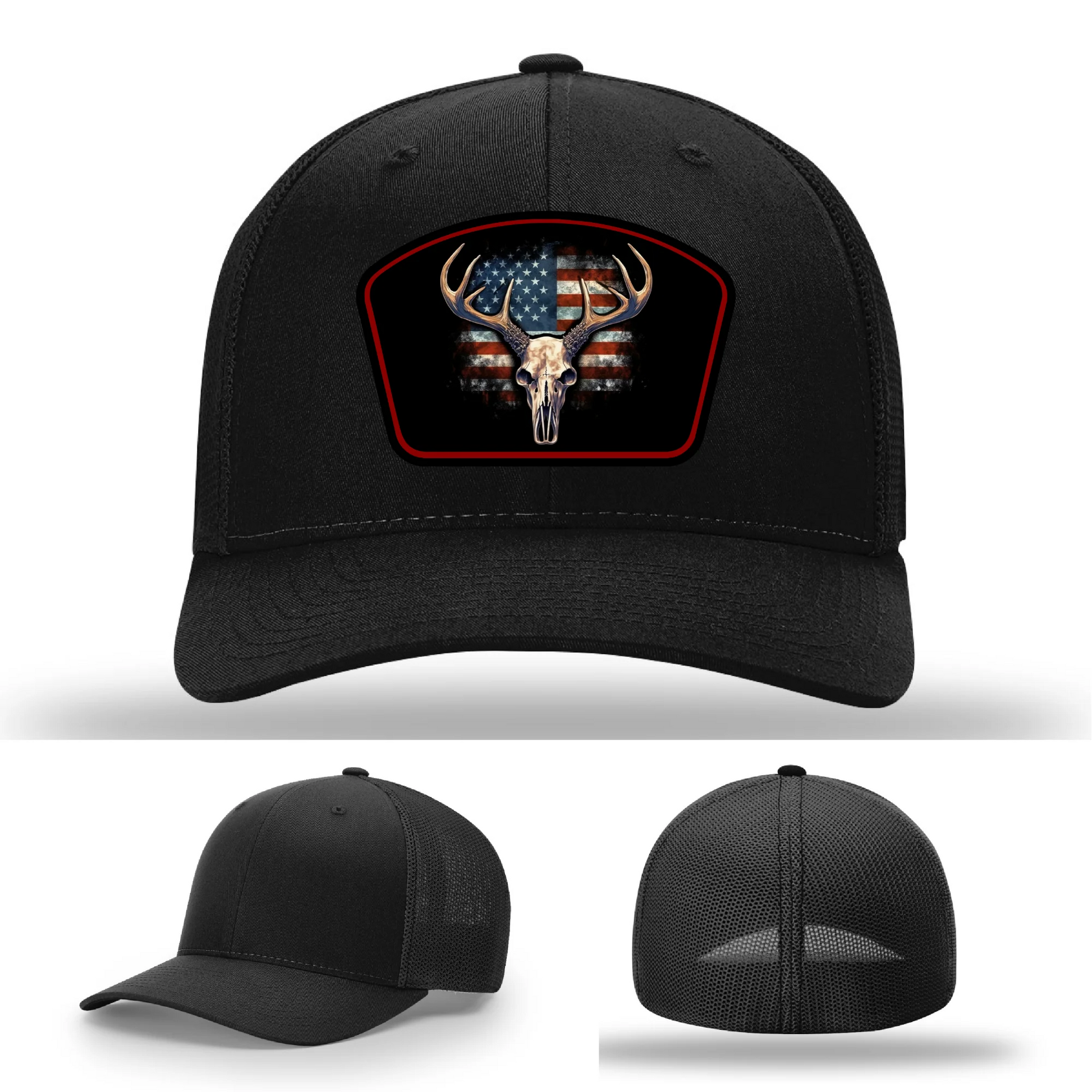 Patriotic Buck Leather Patch Hat Deer Skull and Flag