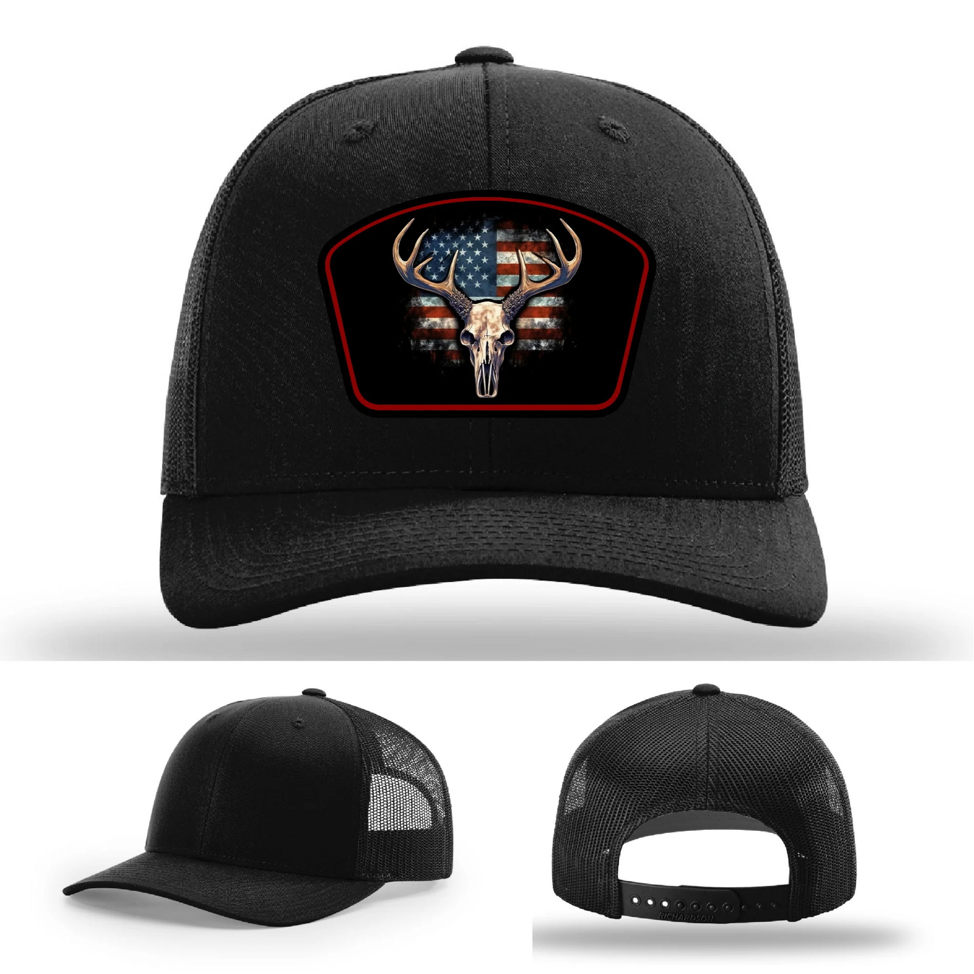 Patriotic Buck Leather Patch Hat Deer Skull and Flag