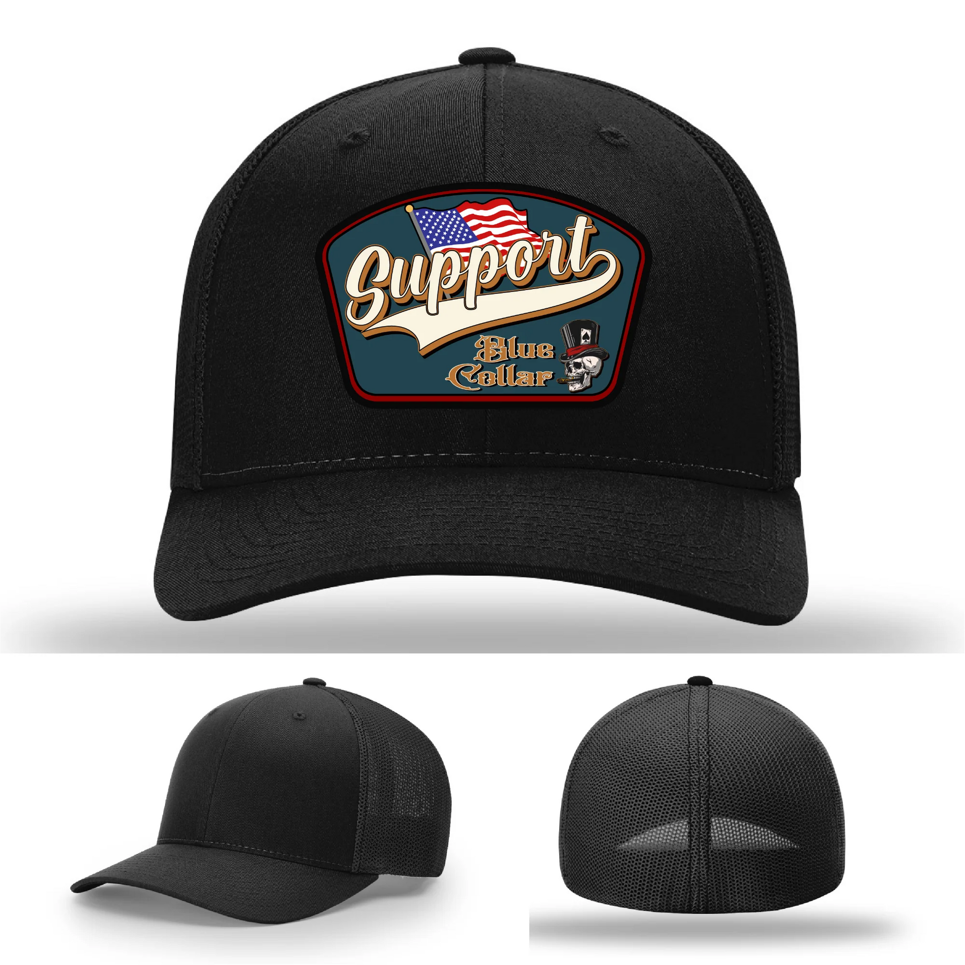 Support Blue Collar Leather Patch Hat American Flag Design