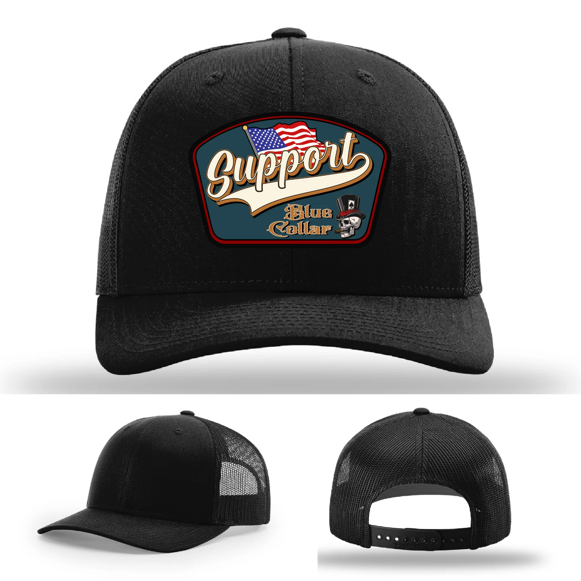 Support Blue Collar Leather Patch Hat American Flag Design
