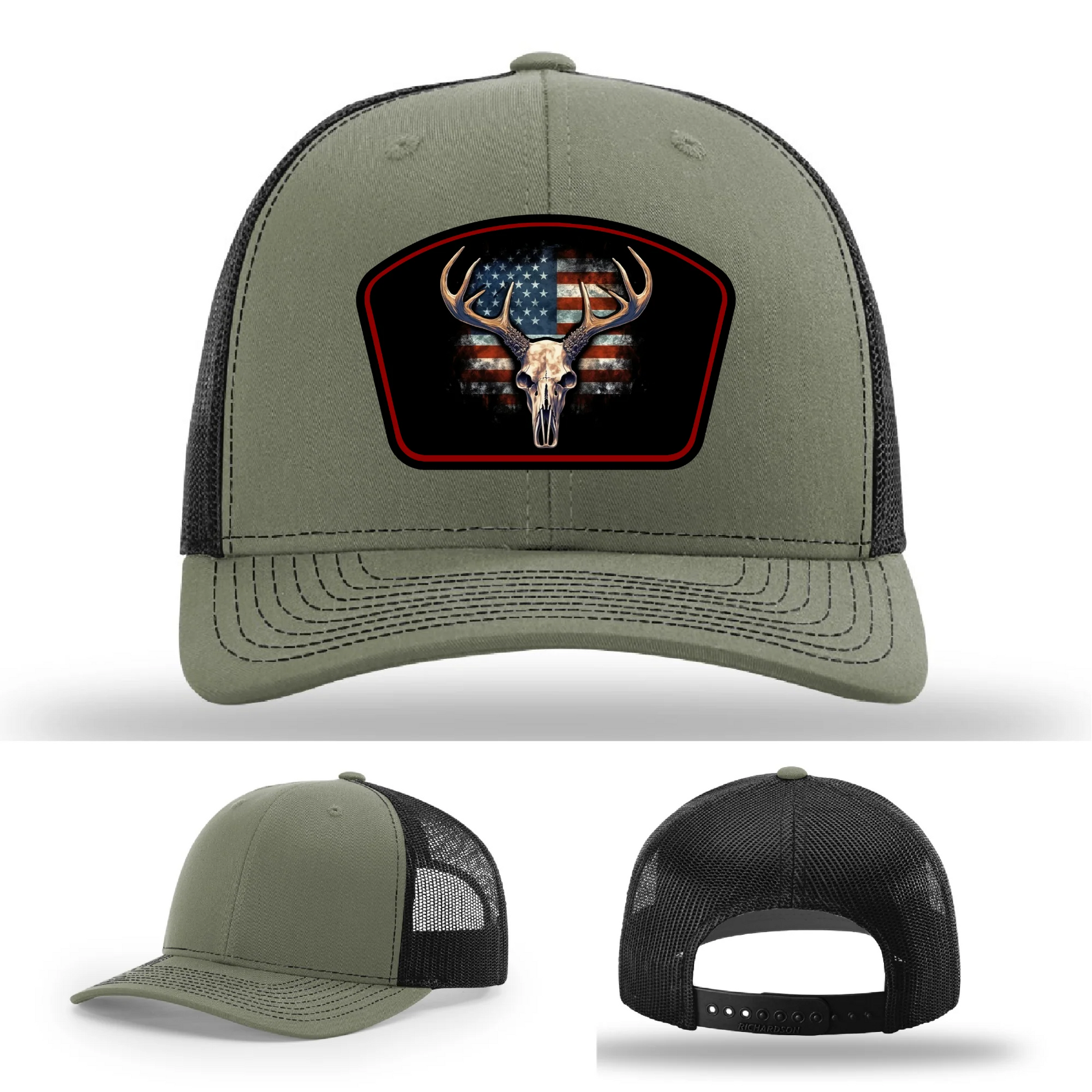 Patriotic Buck Leather Patch Hat Deer Skull and Flag