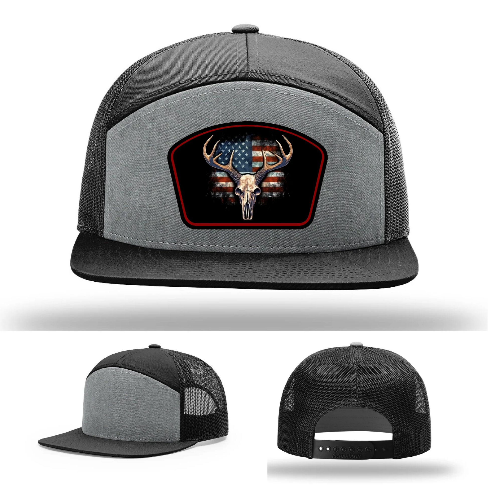 Patriotic Buck Leather Patch Hat Deer Skull and Flag