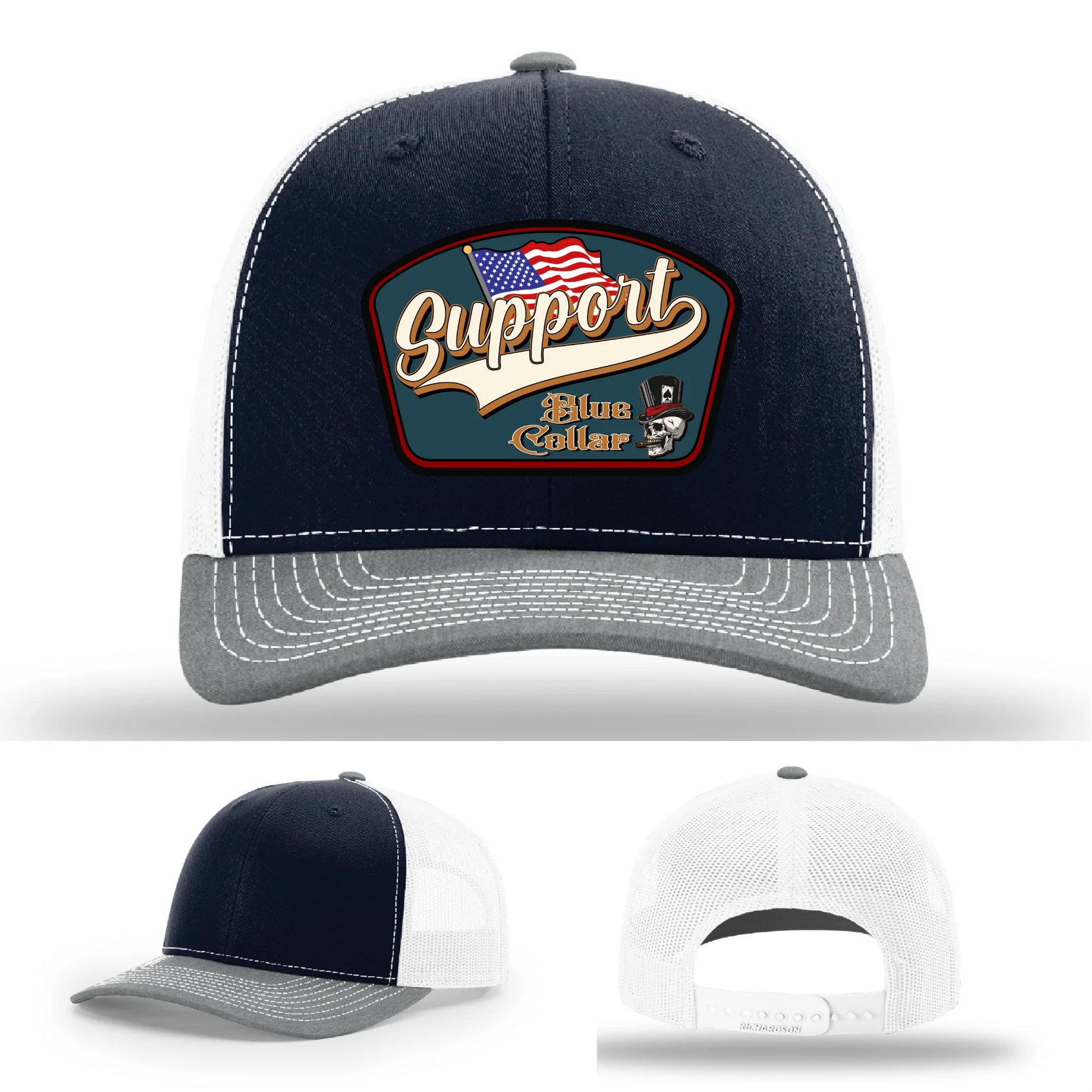 Support Blue Collar Leather Patch Hat American Flag Design