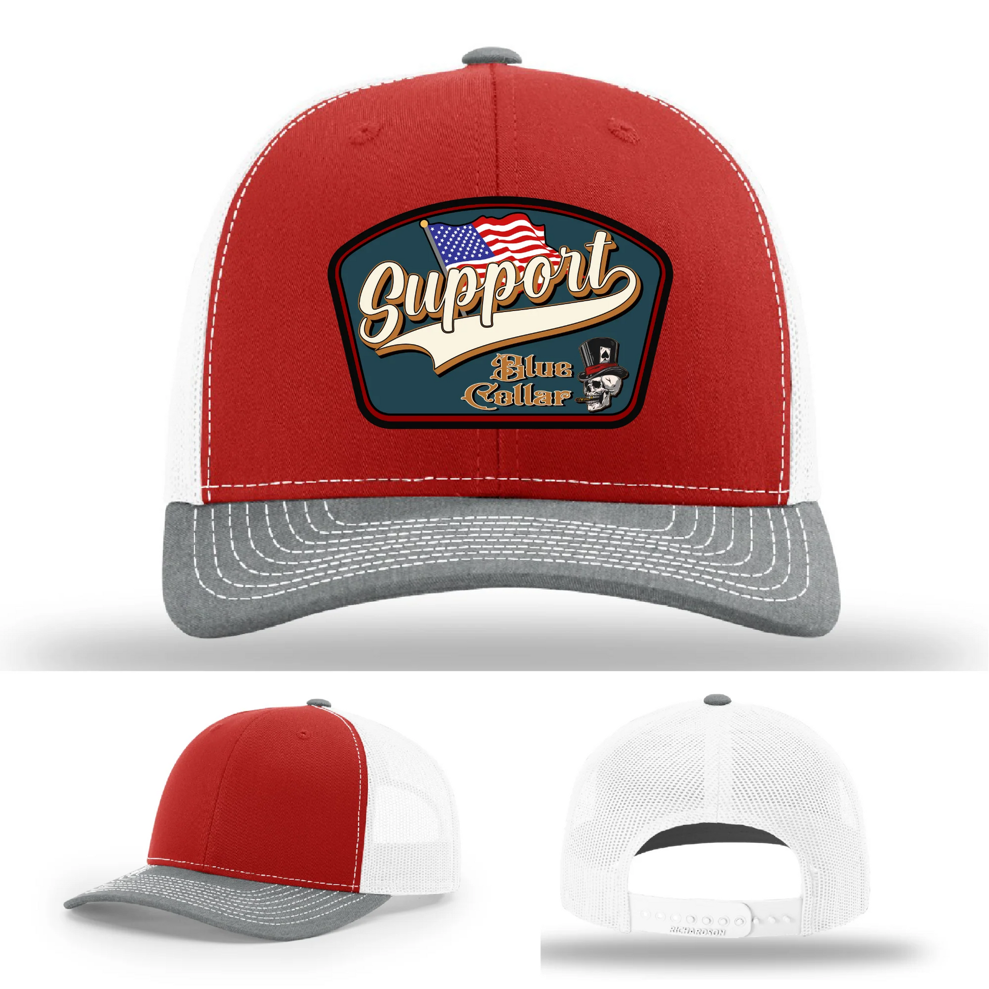Support Blue Collar Leather Patch Hat American Flag Design
