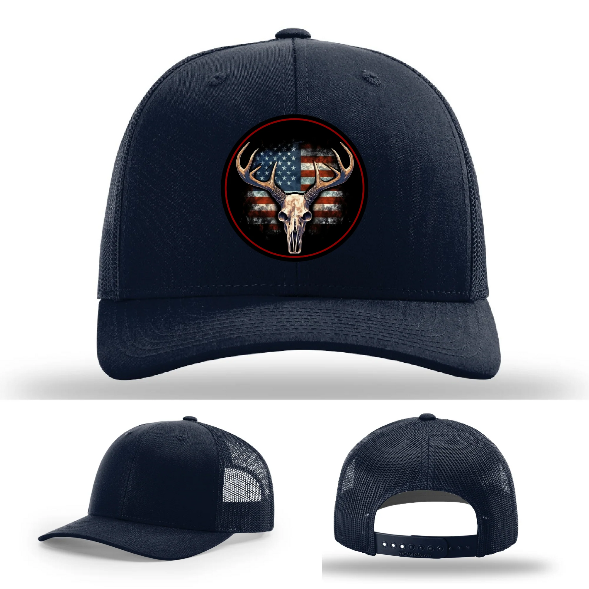 Patriotic Buck II Round Leather Patch Hat Deer Skull and Flag