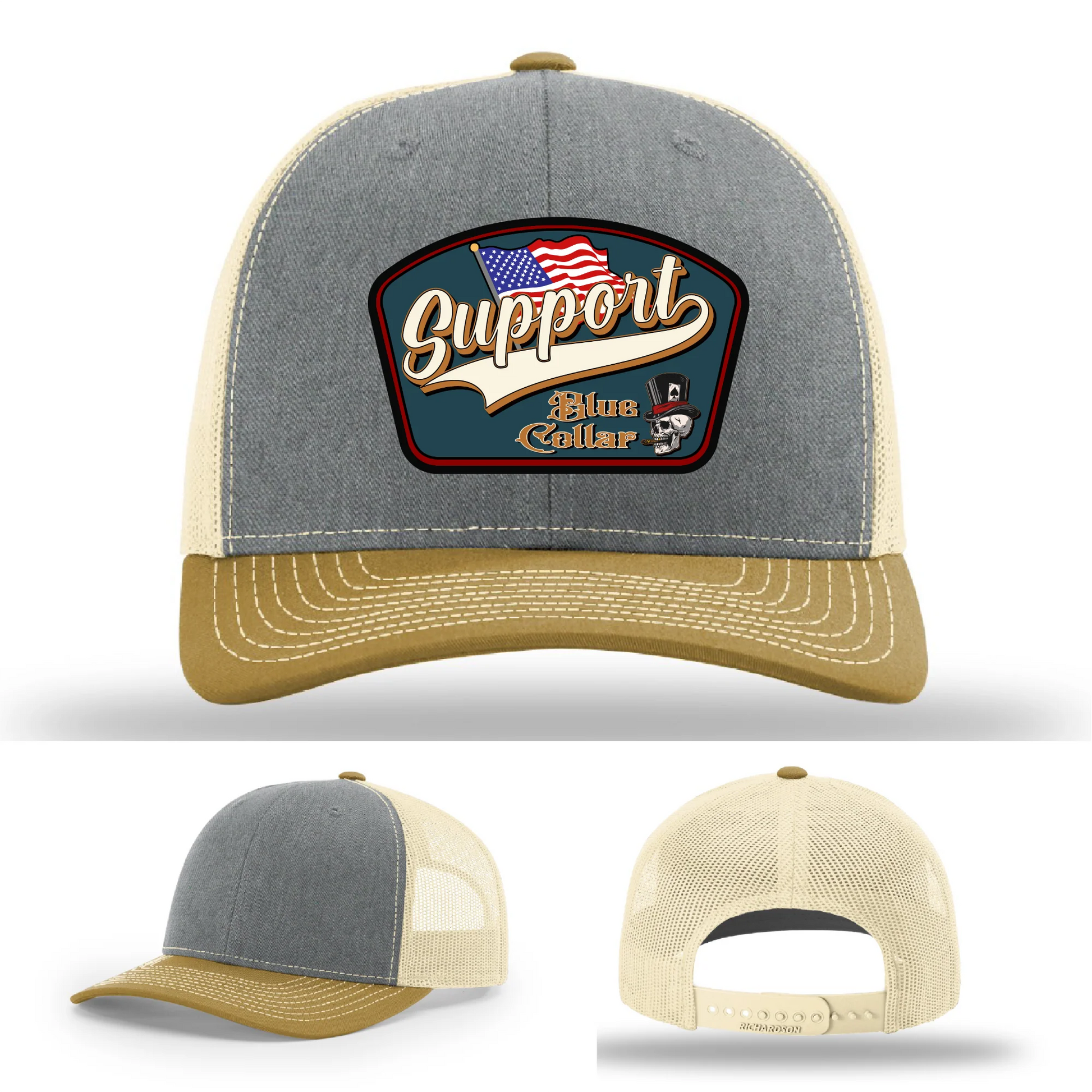 Support Blue Collar Leather Patch Hat American Flag Design