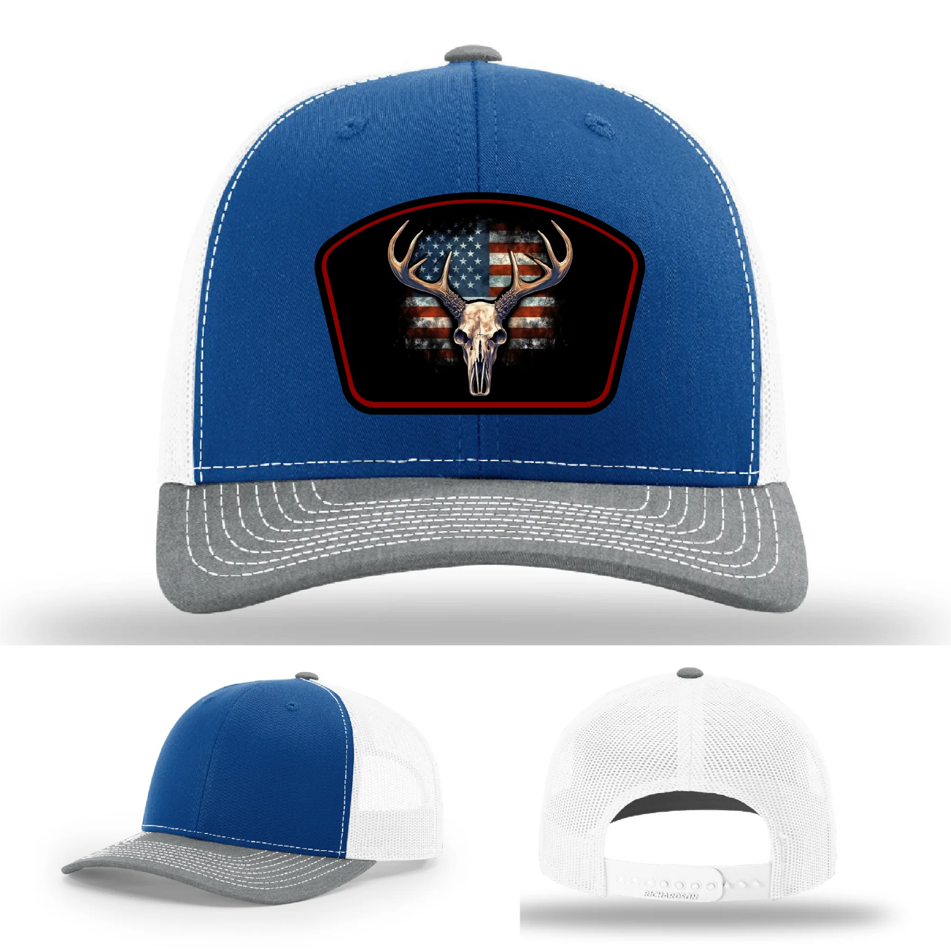 Patriotic Buck Leather Patch Hat Deer Skull and Flag