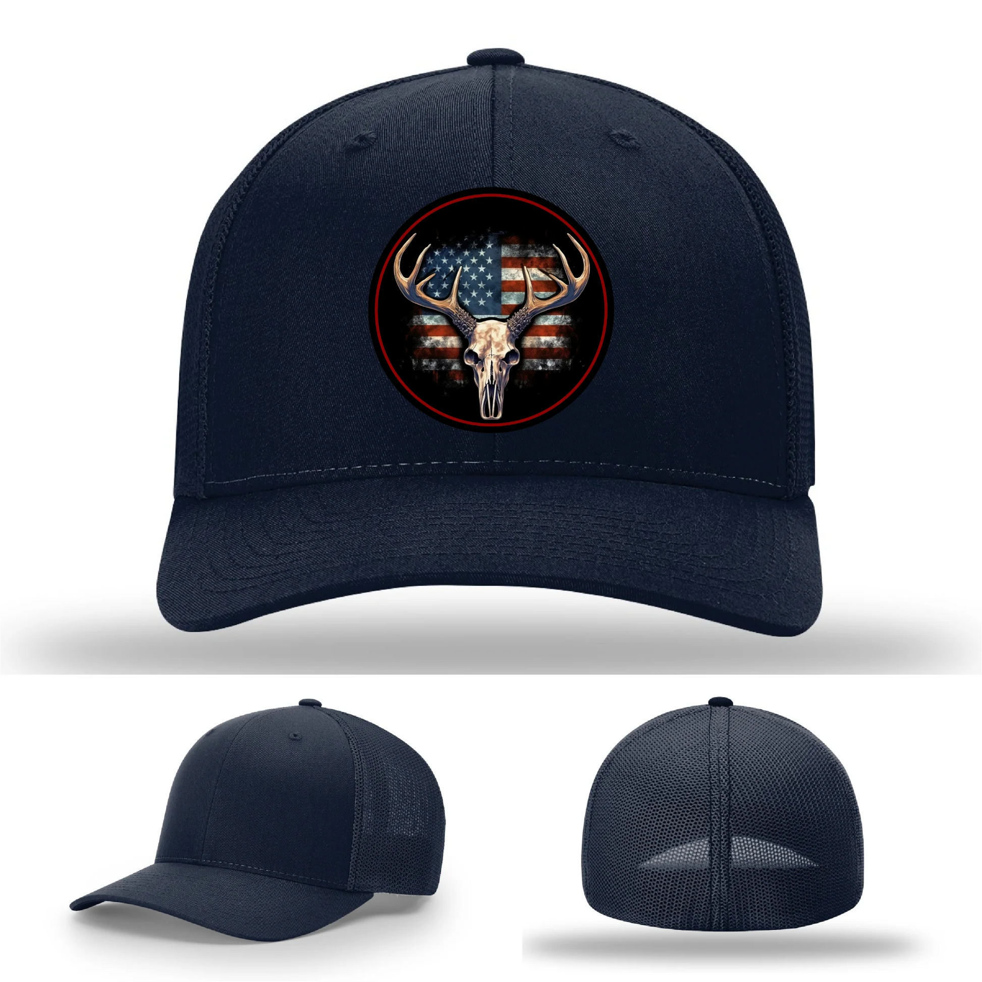 Patriotic Buck II Round Leather Patch Hat Deer Skull and Flag