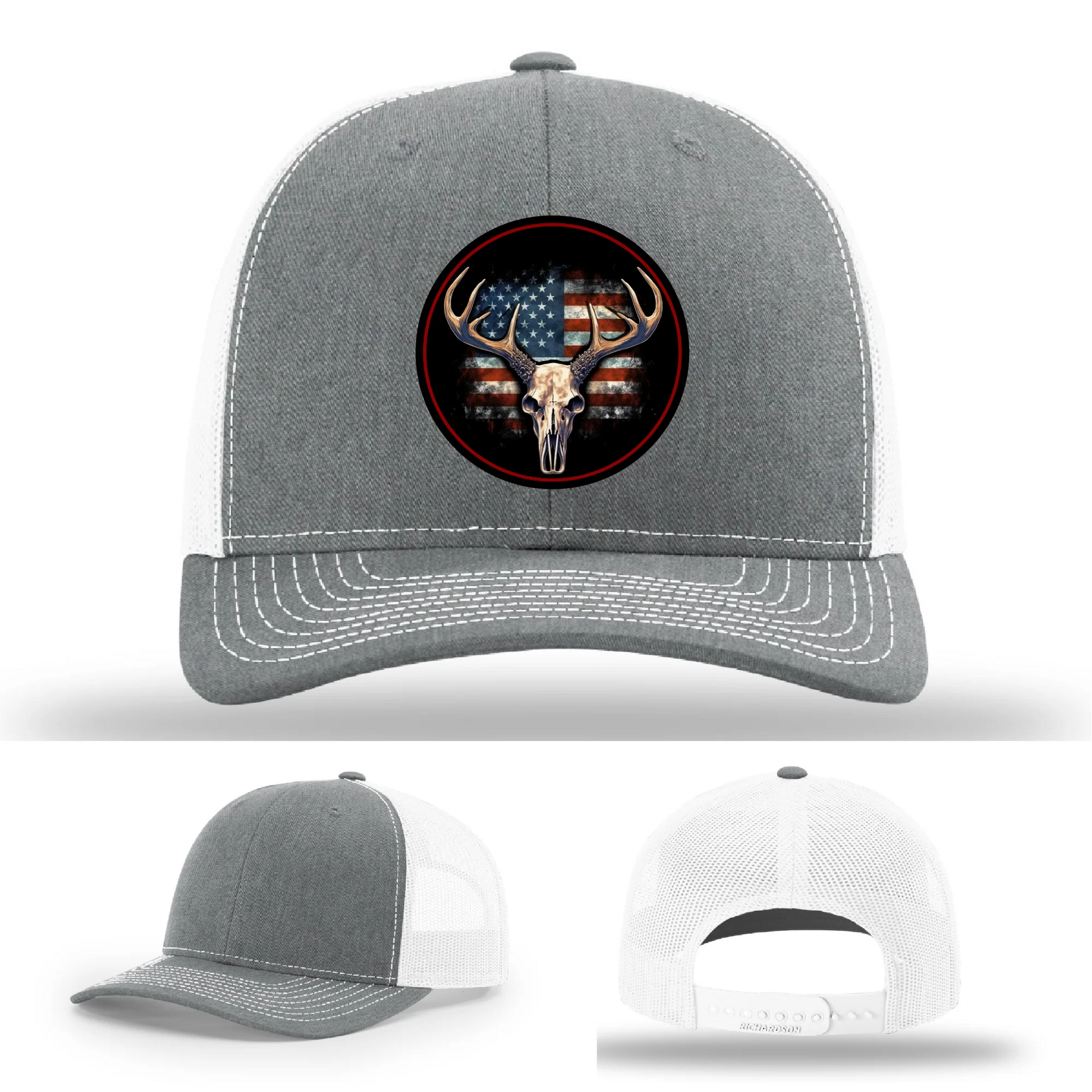 Patriotic Buck II Round Leather Patch Hat Deer Skull and Flag