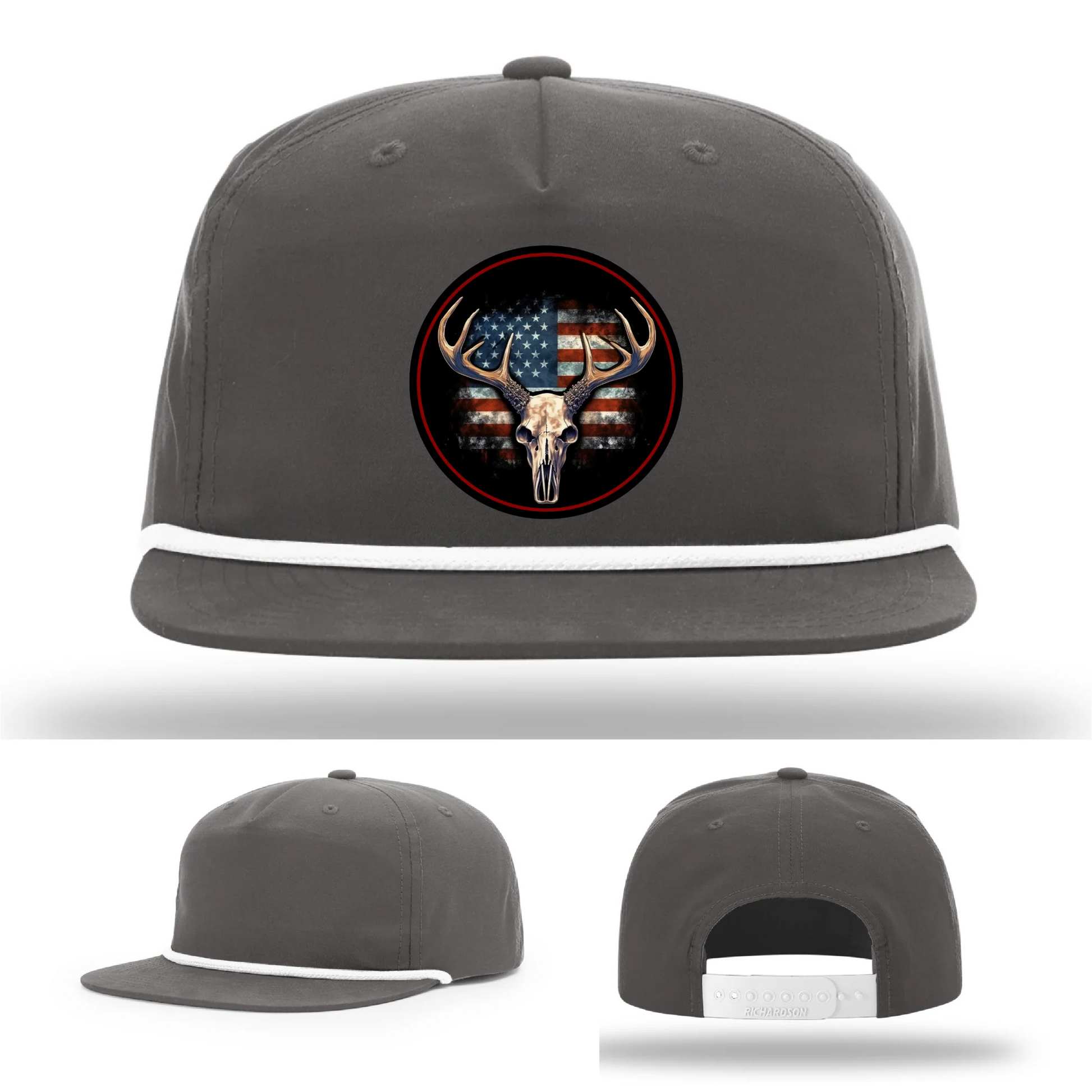 Patriotic Buck II Round Leather Patch Hat Deer Skull and Flag
