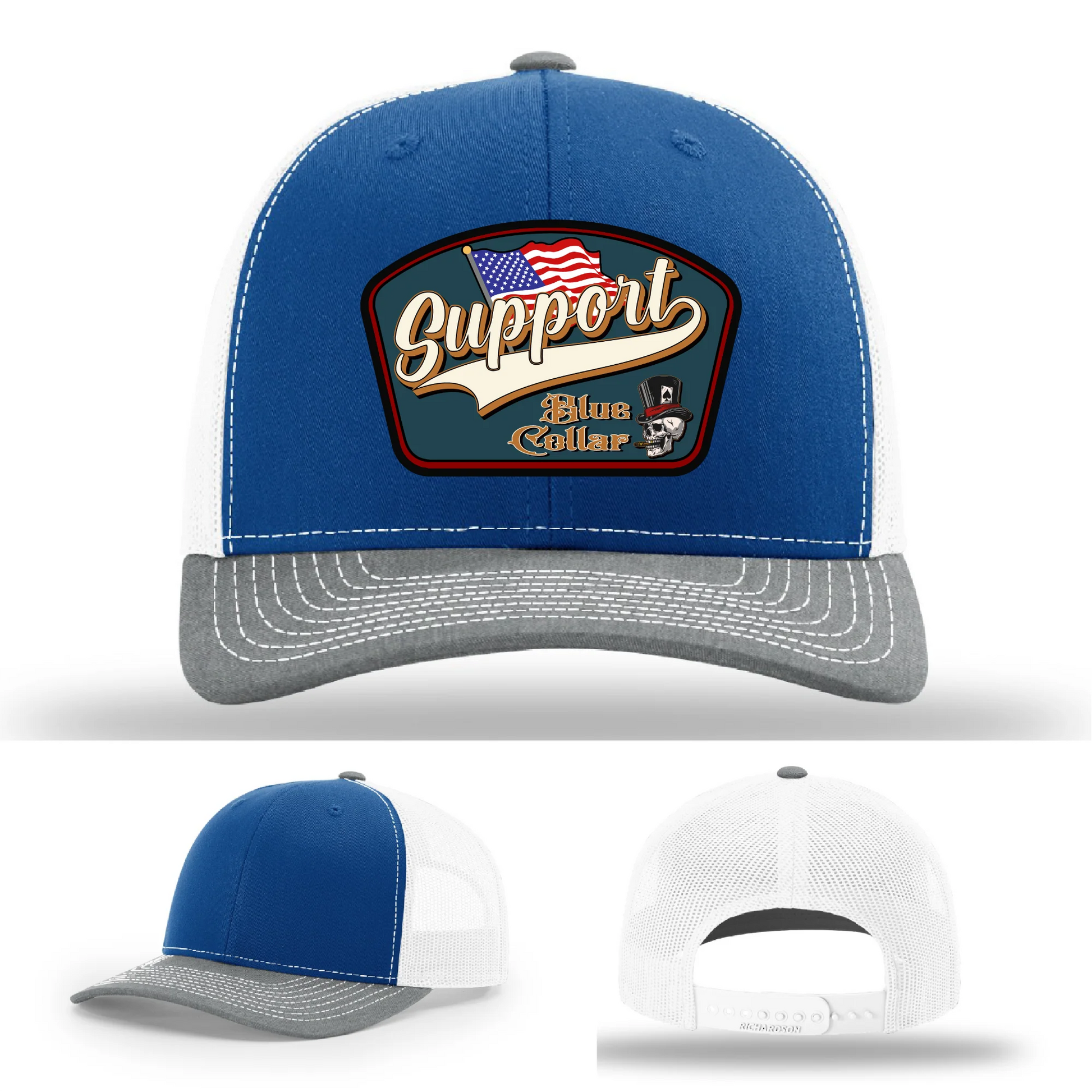 Support Blue Collar Leather Patch Hat American Flag Design